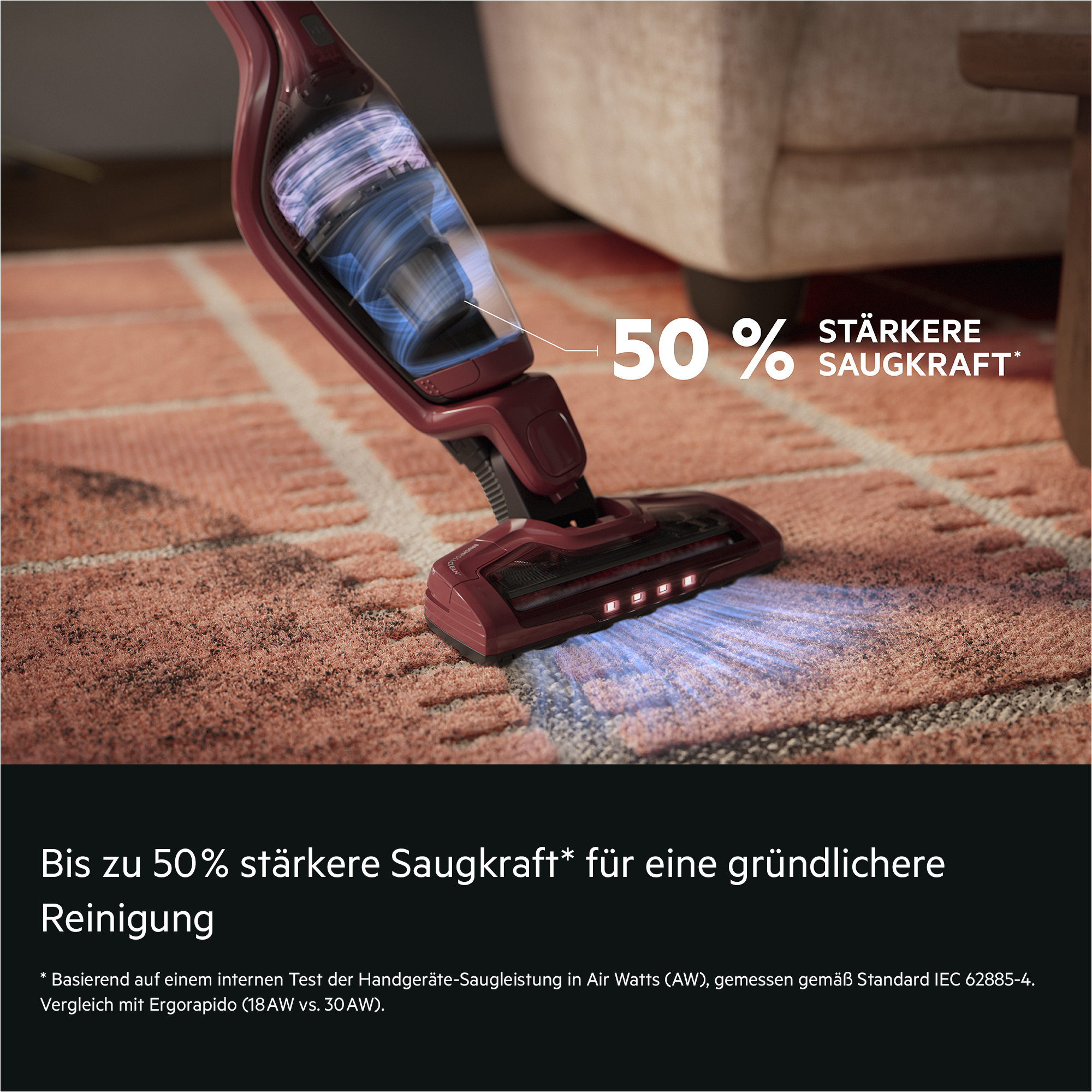 Ein roter Staubsauger reinigt einen roten Teppich mit Text in deutscher Sprache.