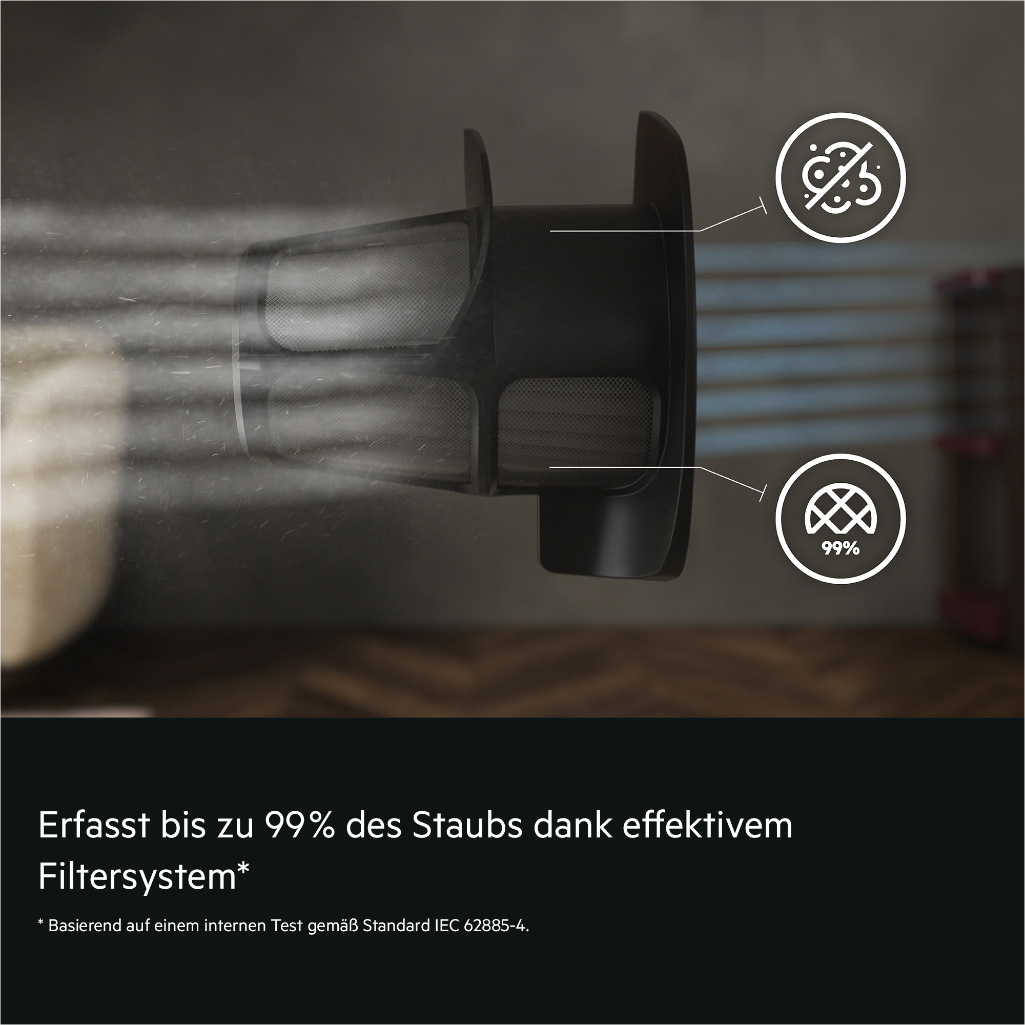 Filterelement mit grauen Linien für Luftstrom und Icons für 99% Staubfilterung.