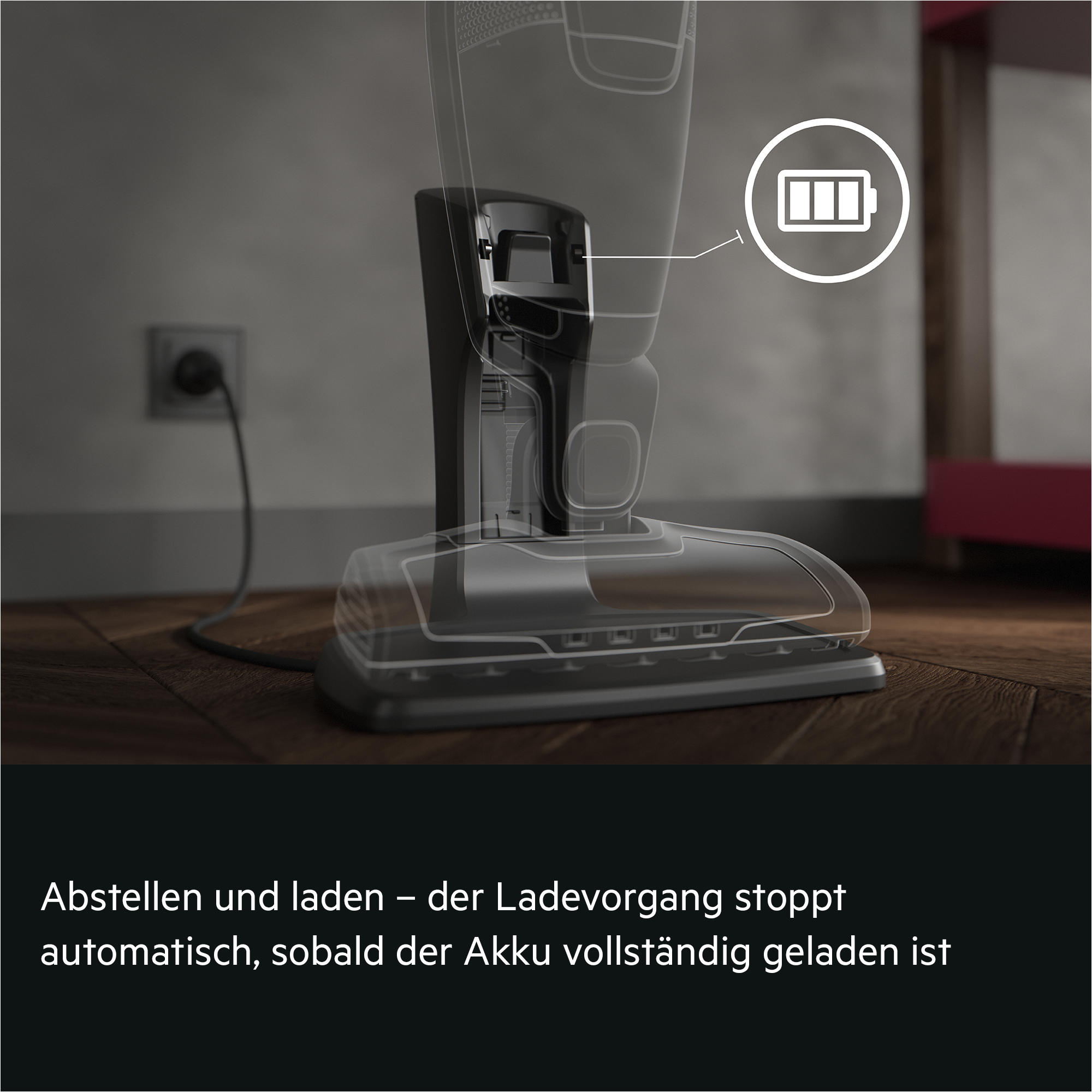 Ein Staubsauger in einer Ladestation mit einem Batteriesymbol und Text unten.