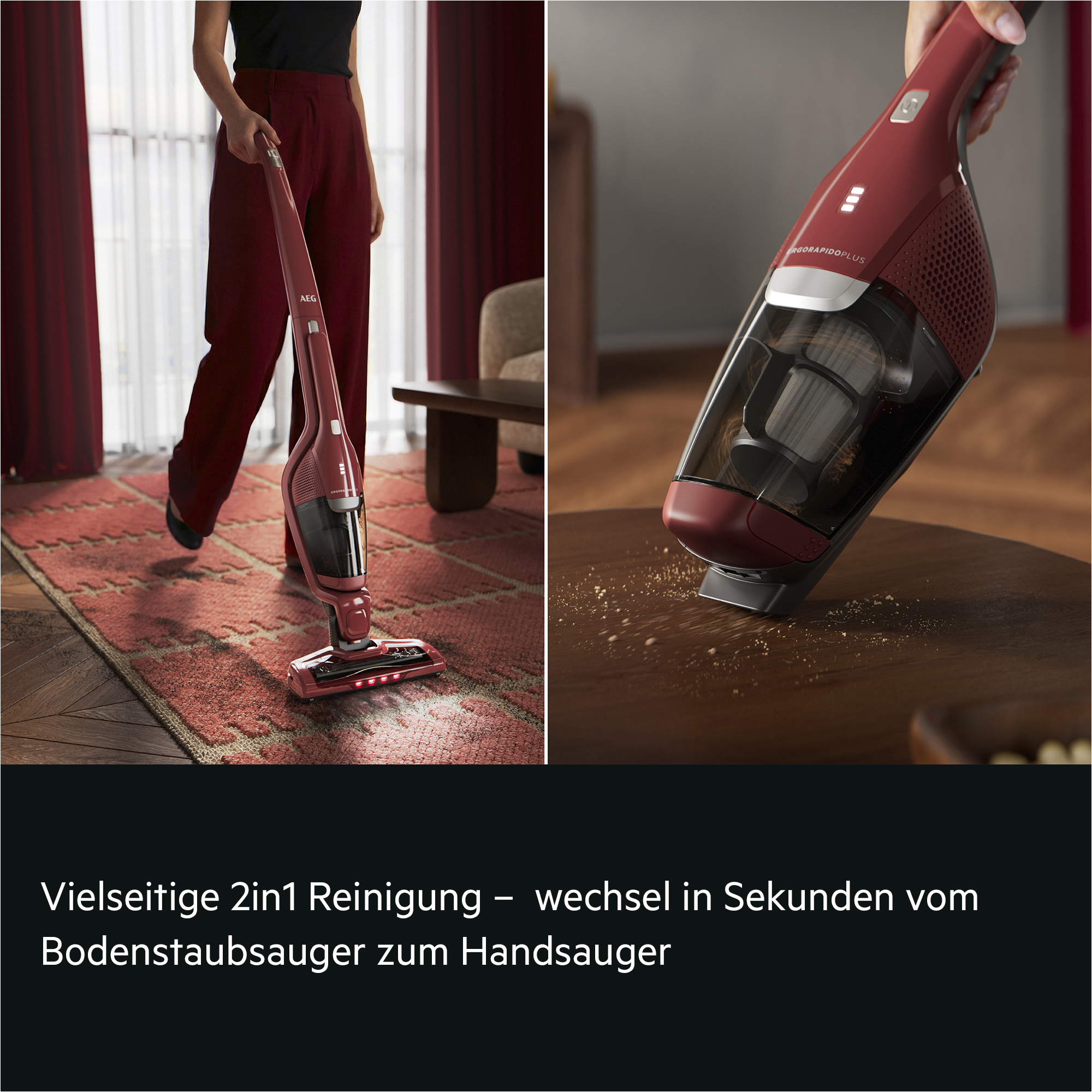 Roter kabelloser 2-in-1-Staubsauger im Einsatz auf Teppich und Tisch.