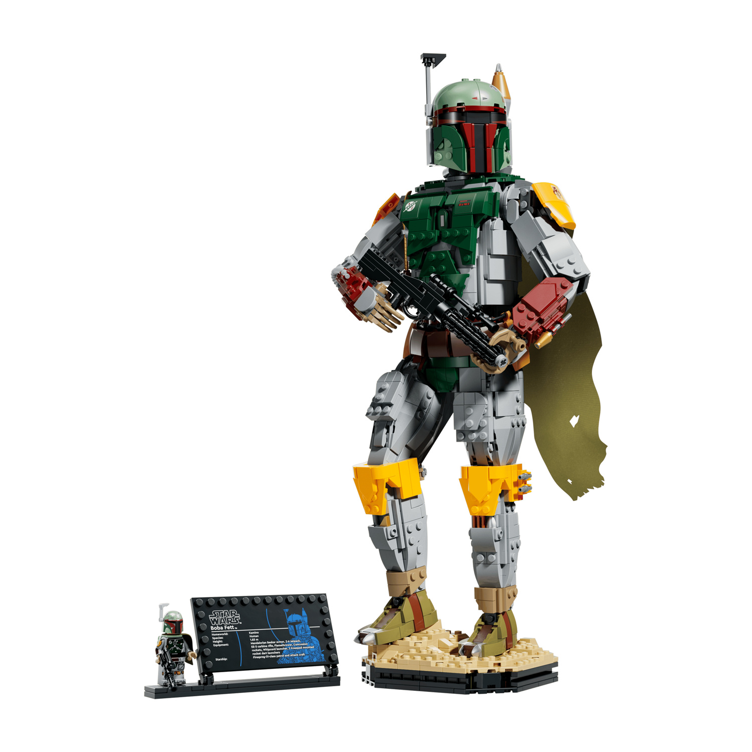 Un set Lego Star Wars Boba Fett con grande personaggio, minifigura e targa informativa.