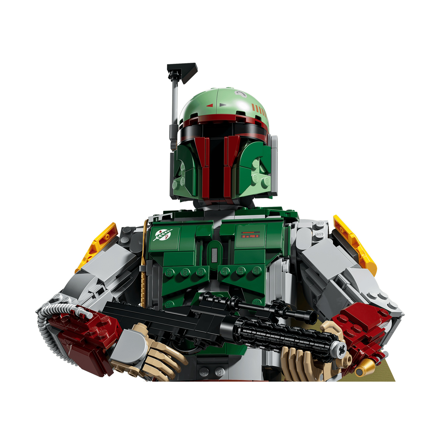 Statuetta Lego di Boba Fett con blaster nero, armatura verde, rossa e grigia su sfondo bianco.