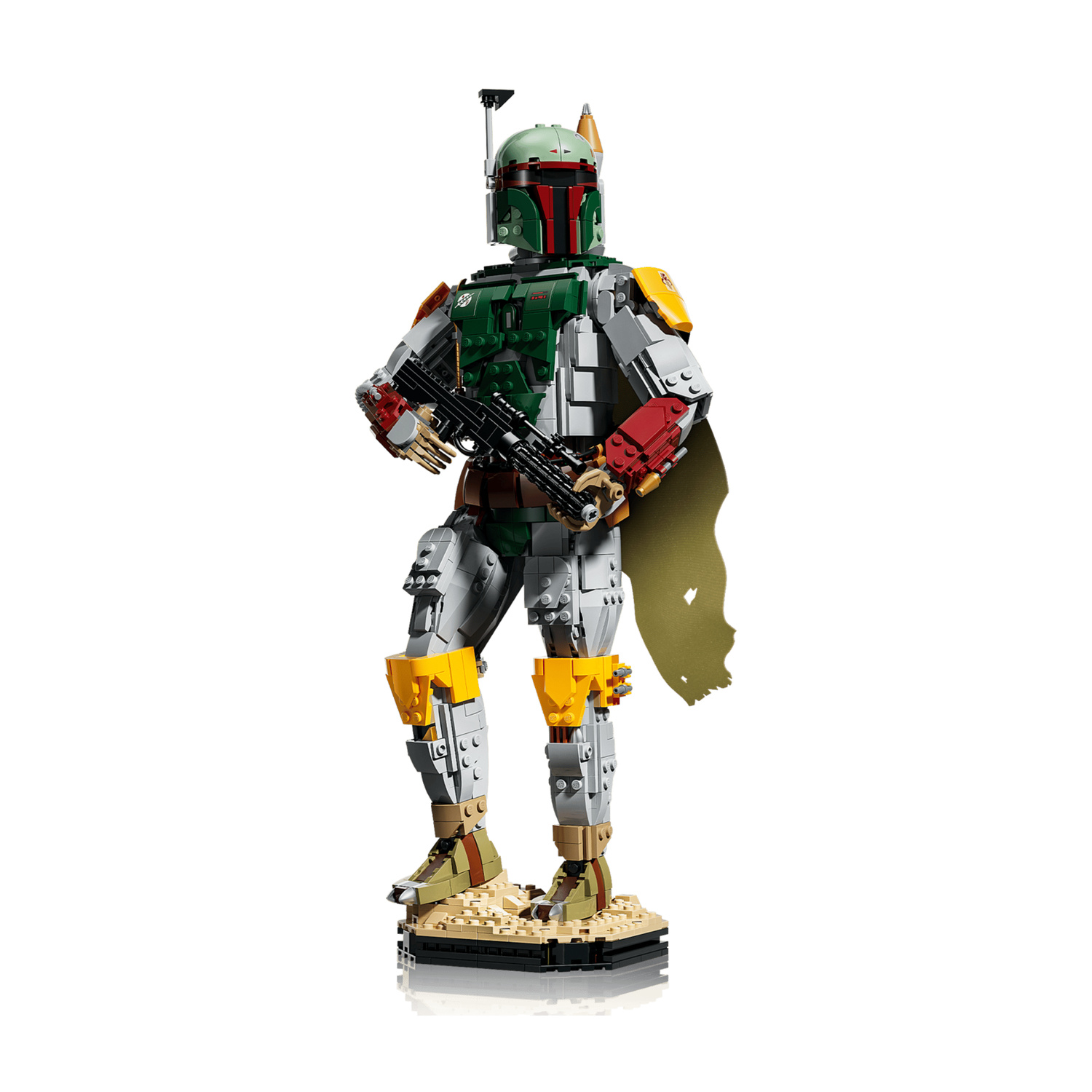 Figura Lego di Boba Fett su base sabbiosa con un blaster in mano.