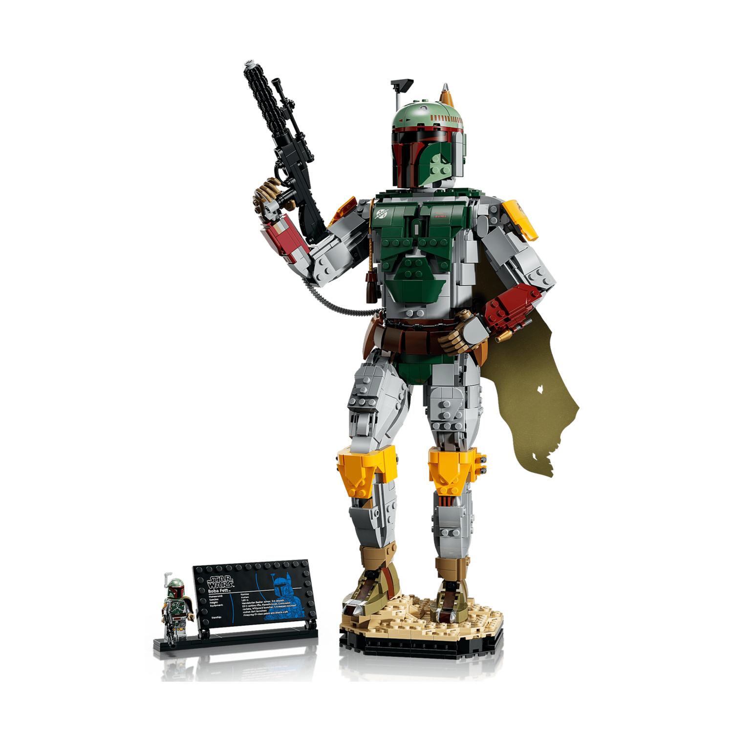 Figura costruibile Lego Boba Fett con blaster, targa espositiva e minifigura su sfondo bianco.