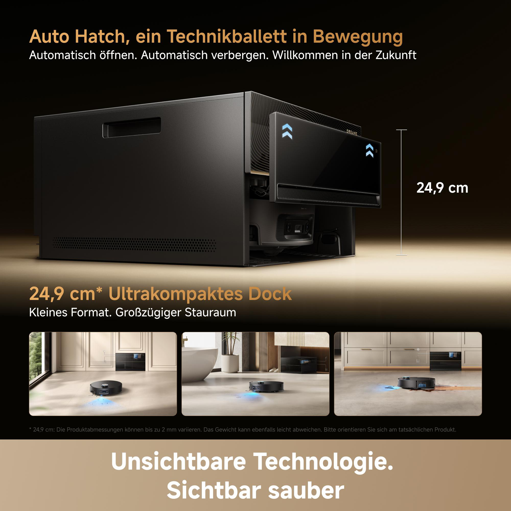 Kompakte Roboterstaubsauger-Dockingstation mit 24,9 cm Höhe, automatischen Klappen und drei Einsatzszenen.