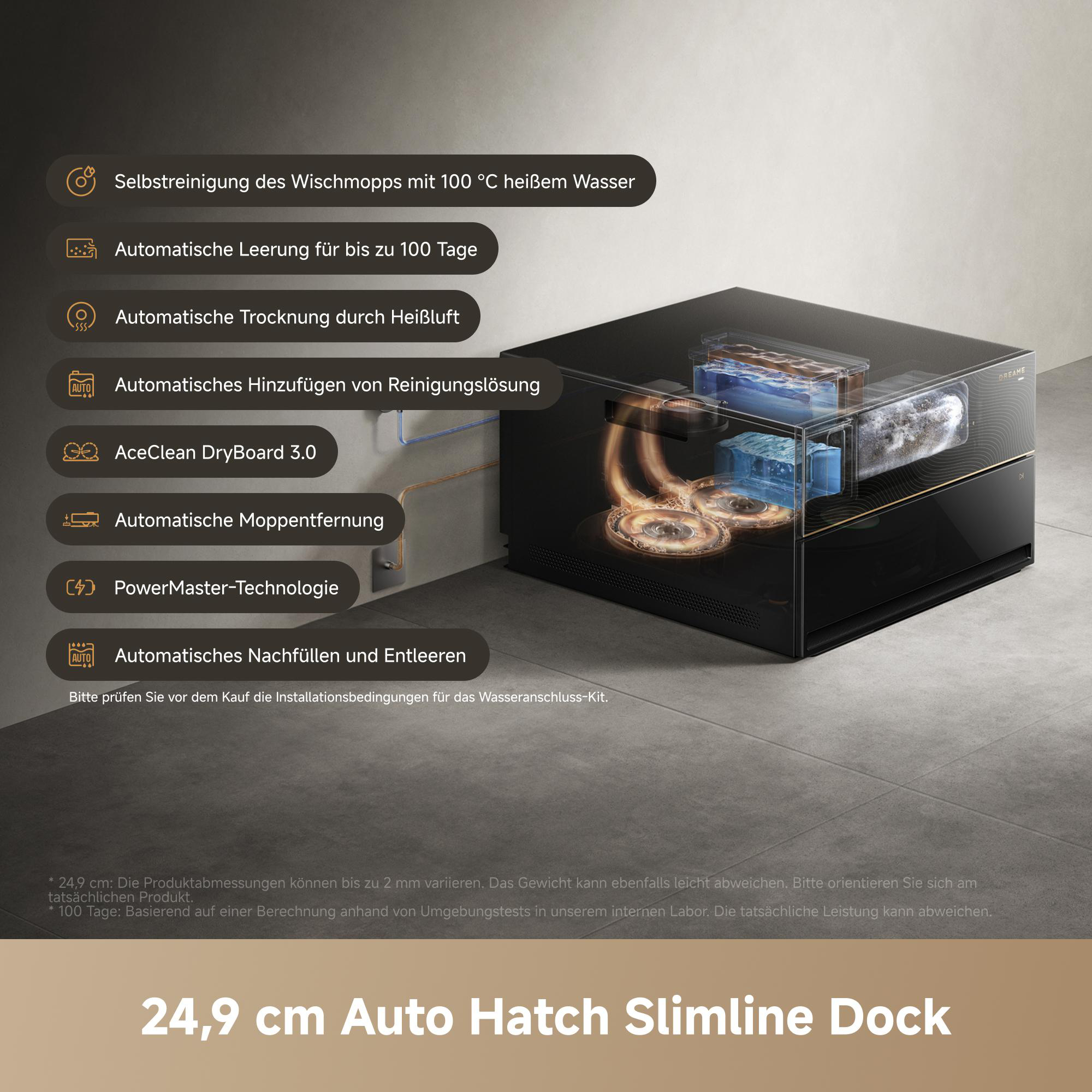 Die 24,9 cm Auto Hatch Slimline Dock mit verschiedenen Reinigungs- und Technologie-Features.