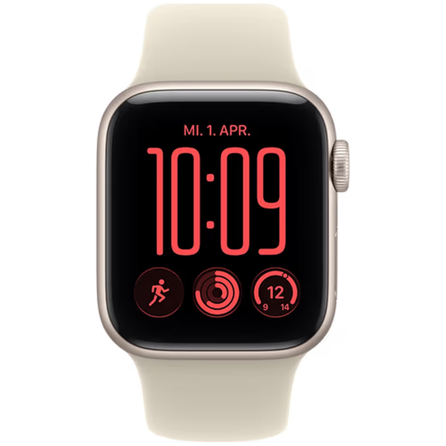 A cream smartwatch with a black screen shows the red digital time 10:09 and activity icons.