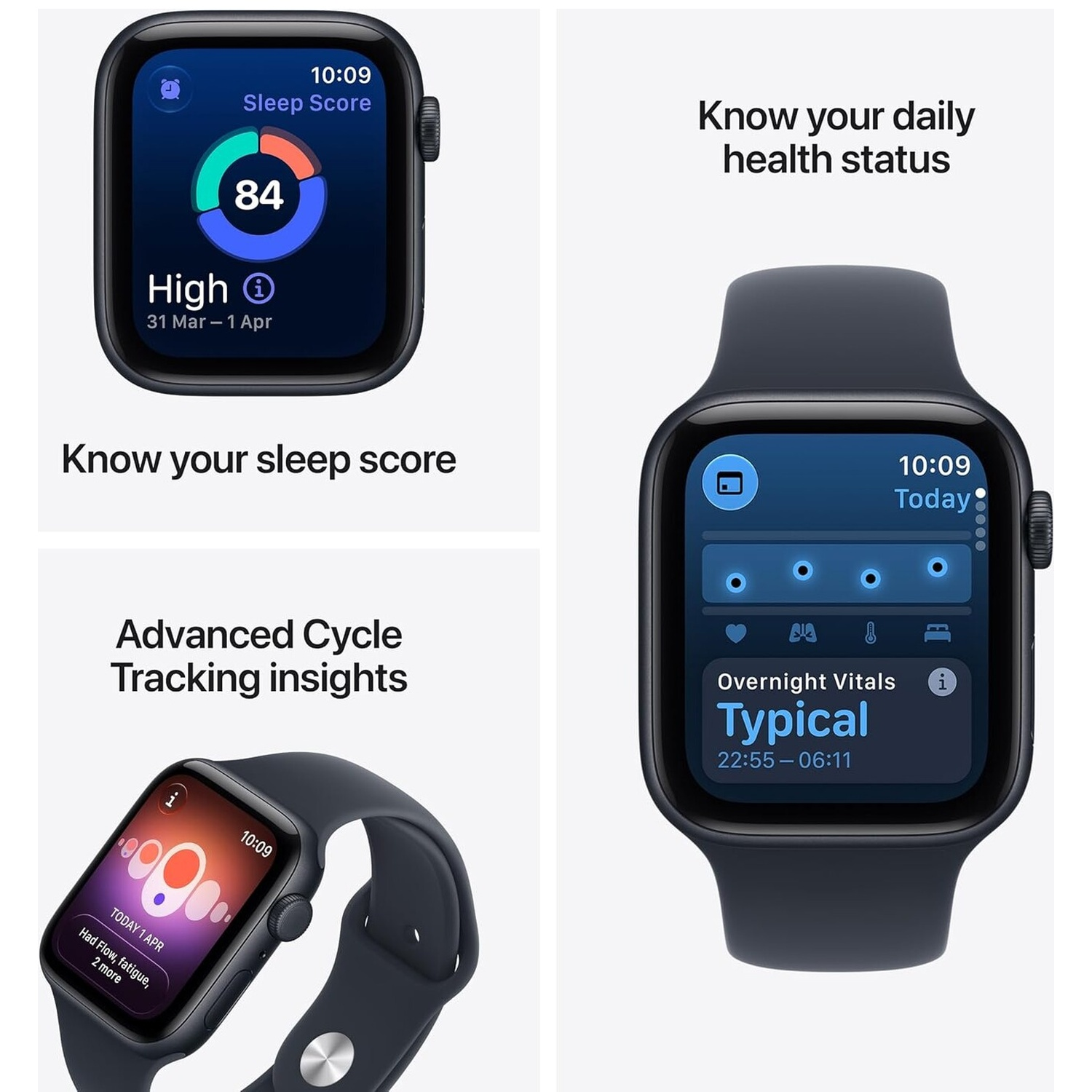 Smartwatch displays show sleep score, daily health status, and cycle tracking insights.