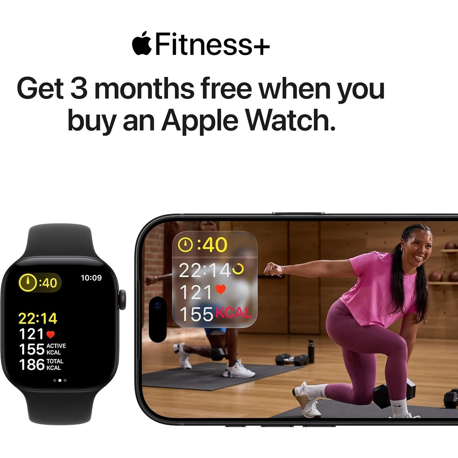 An Apple Watch and iPhone display Fitness+ workout metrics alongside a woman exercising with dumbbells.