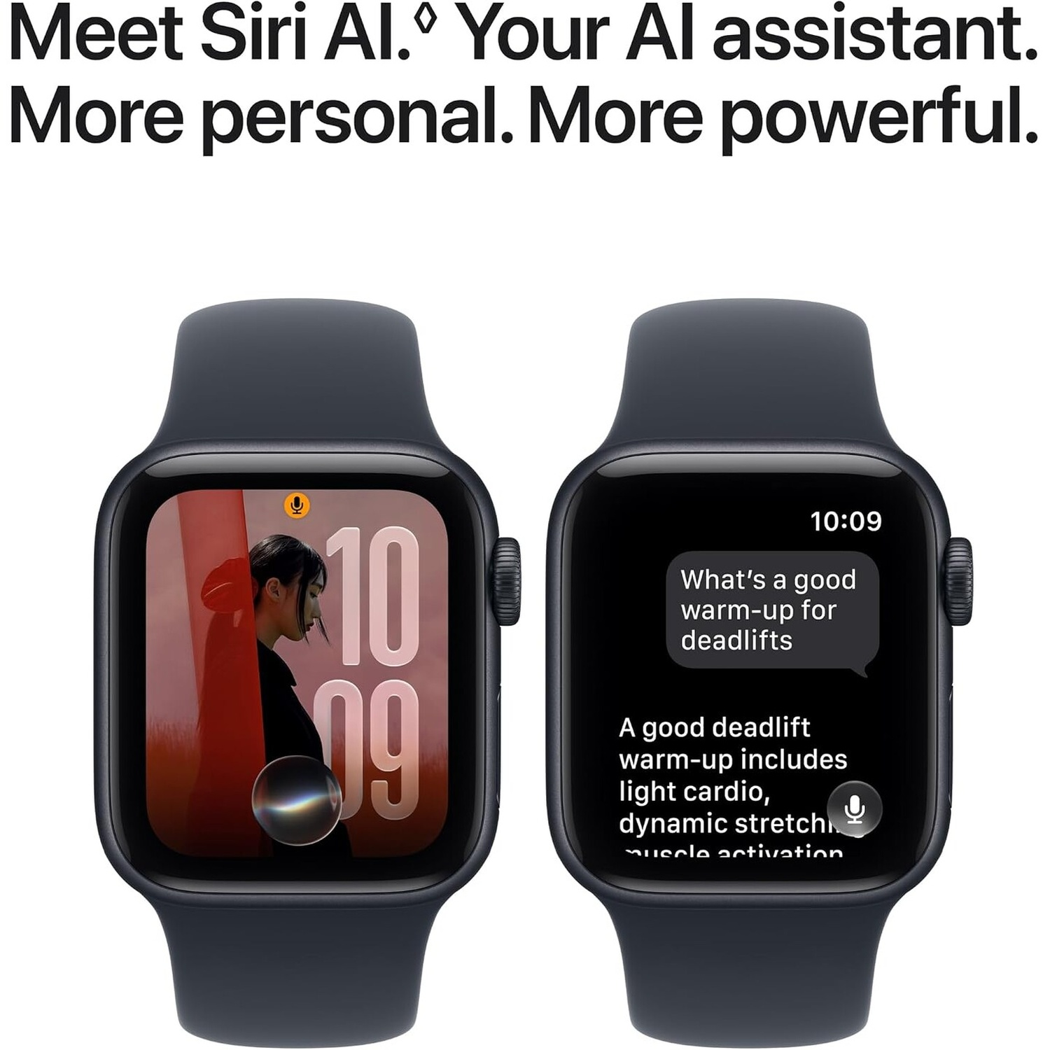 Two Apple Watches showing Siri AI, with the left displaying a photo background and the right showing a chat.