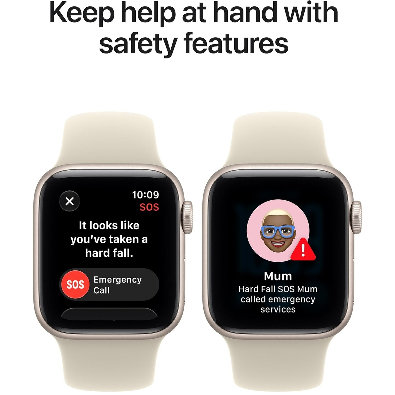 Two smartwatches showing emergency SOS features after a hard fall and notification to Mum.