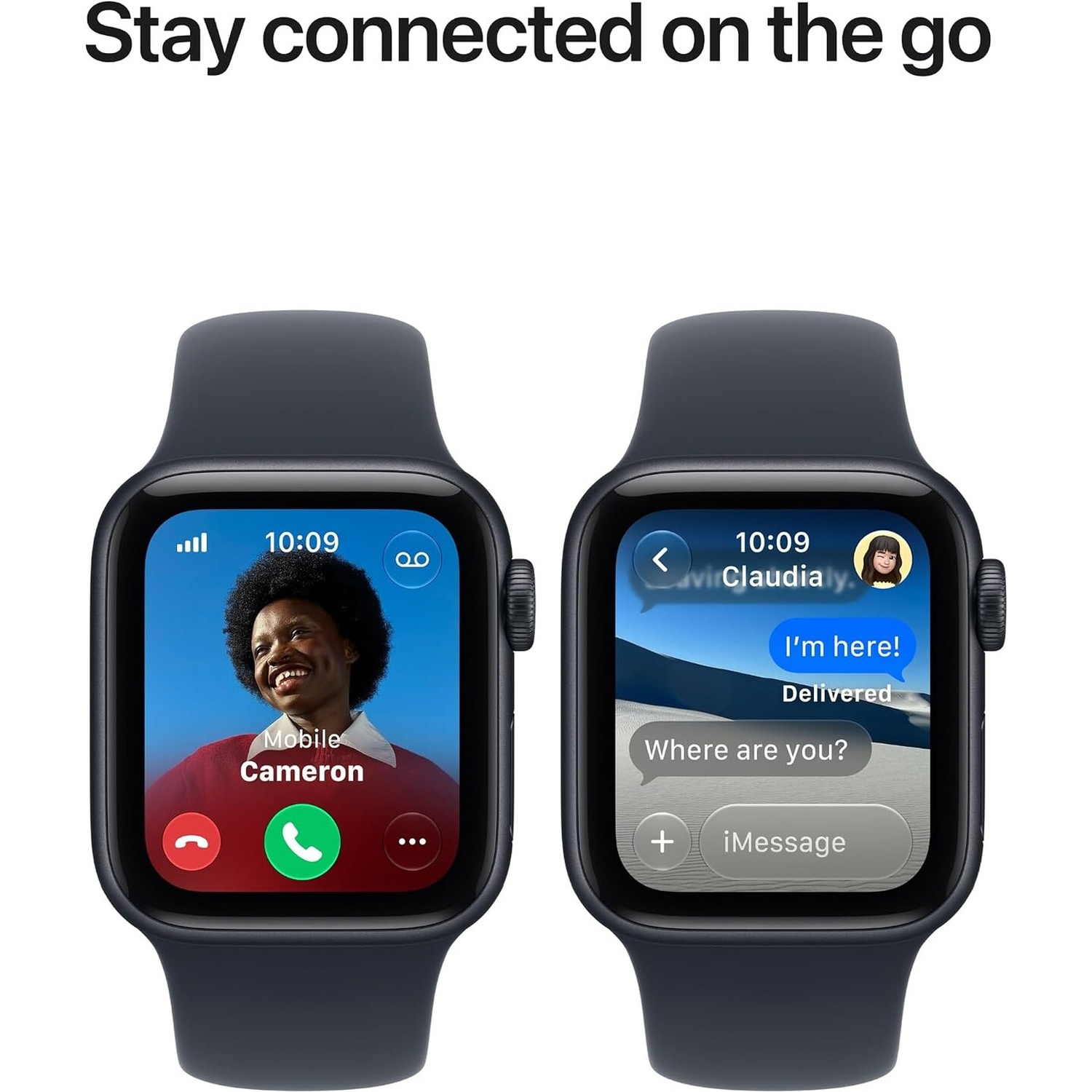 Two Apple Watches with black bands show a phone call and a message interface.