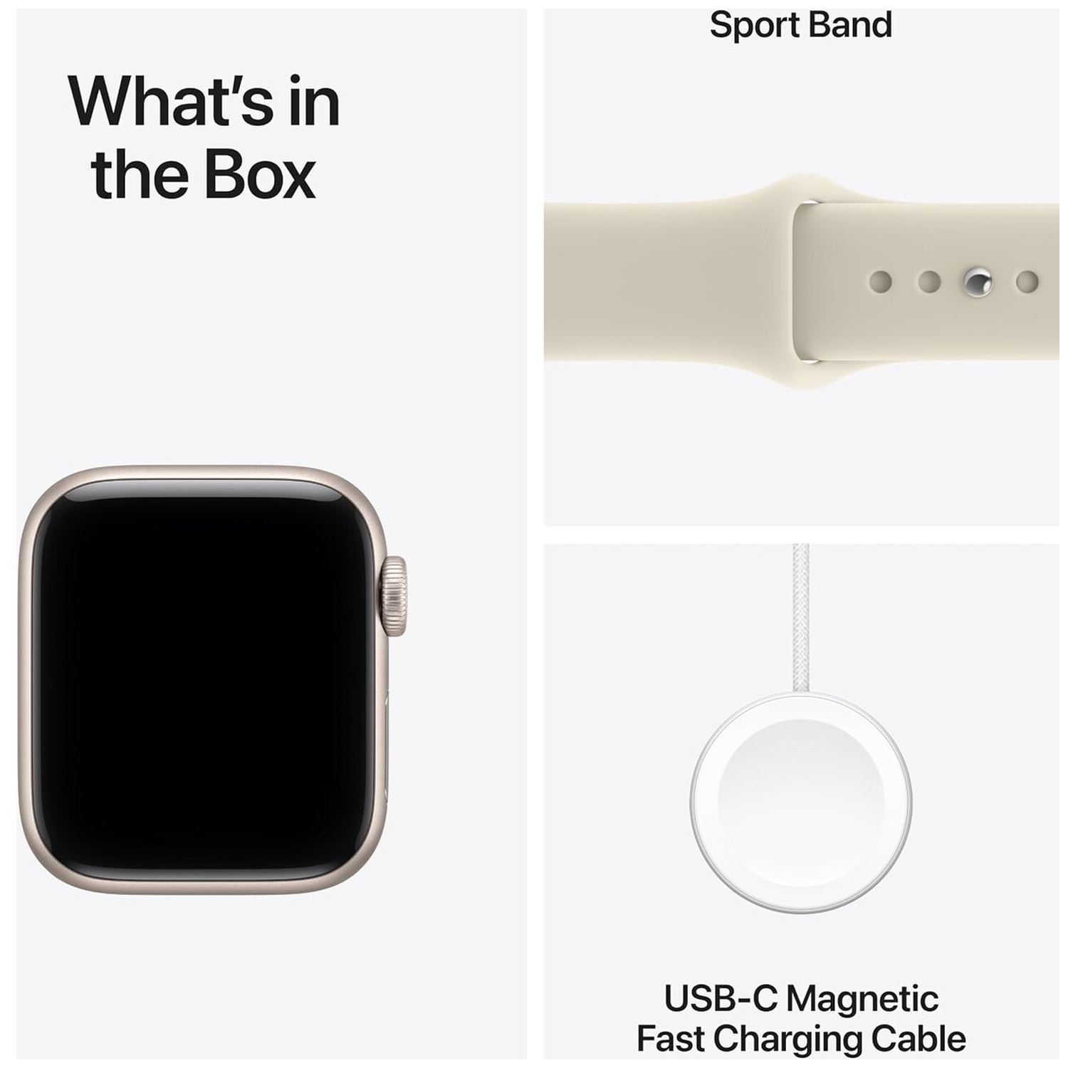 What is in the box: Apple Watch, sport band, and USB-C magnetic fast charging cable.