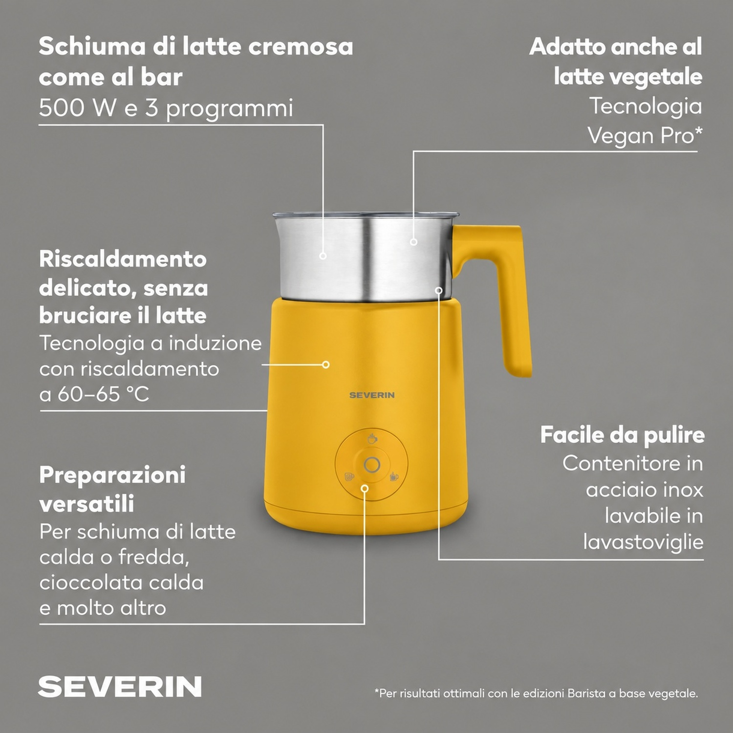 Montalatte Severin giallo con contenitore in acciaio inox e descrizioni delle funzioni.