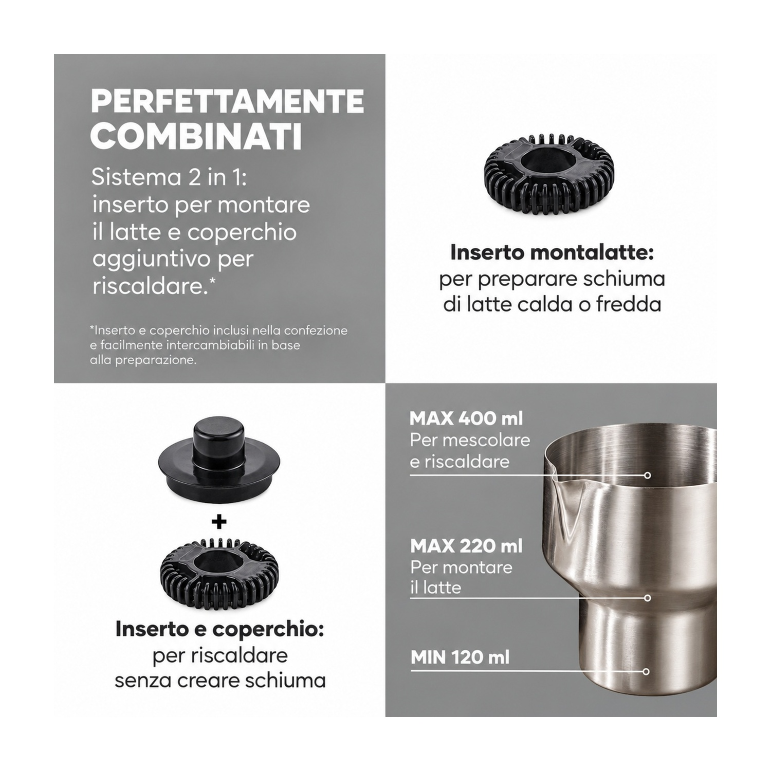 Grafica del prodotto con accessorio per montare il latte, coperchio e caraffa in acciaio.