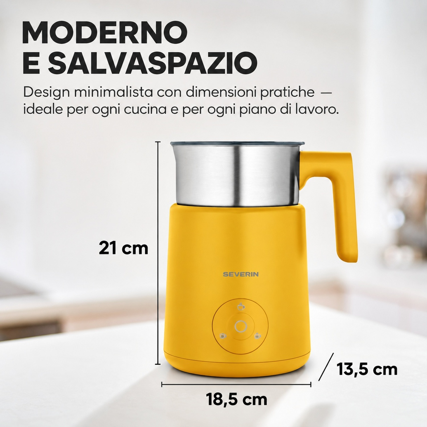 Moderno montalatte giallo con tazza in acciaio inox, dimensioni 21x18,5x13,5 cm.