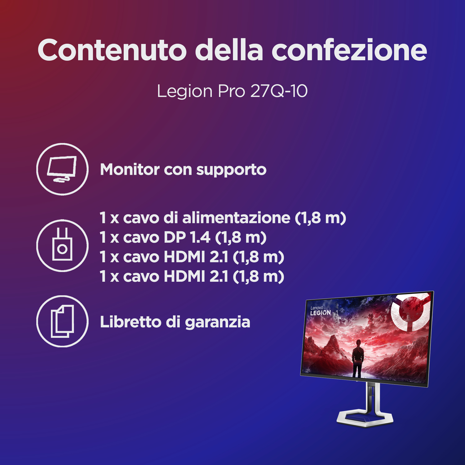 LENOVO Legion Pro 27Q-10 Monitor Gaming, 26,5 ", 2K UltraWide QHD, 2560 x 1440 Pixel, tempo di risposta 0,03 ms, refresh rate 280 Hz