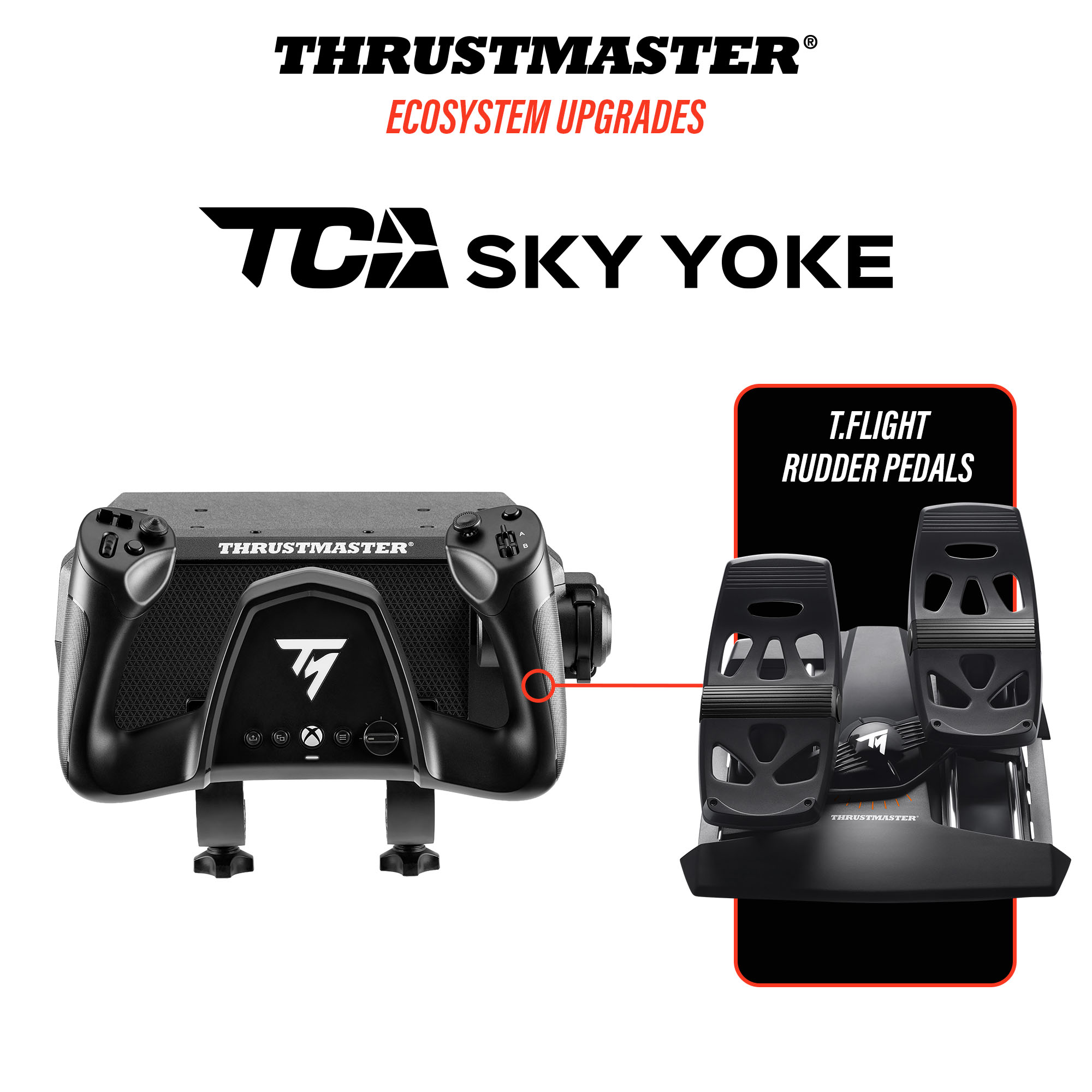 Thrustmaster TCA Sky Yoke und T.Flight Seitenruderpedale als Ecosystem Upgrades.