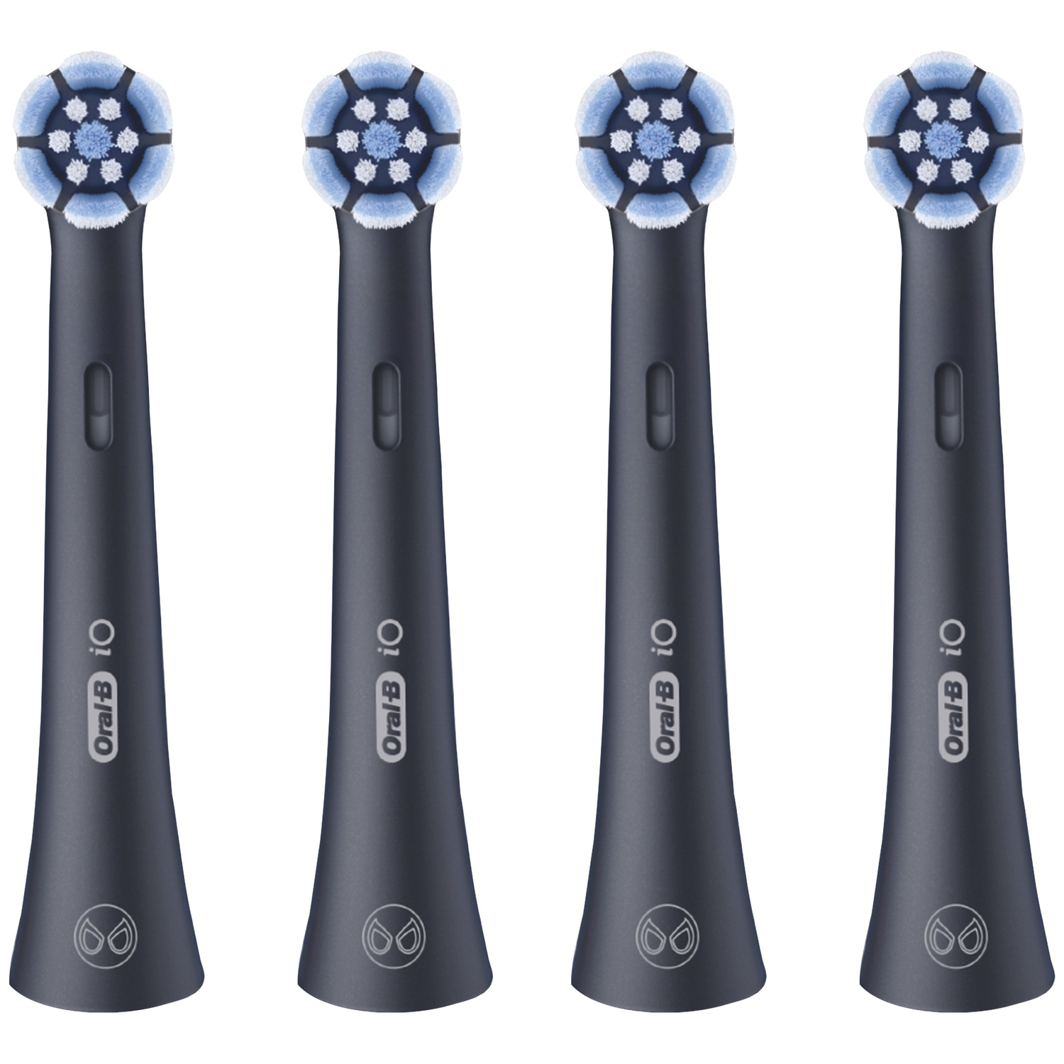 Four black Oral-B iO toothbrush heads with round blue and white bristles on a white background.