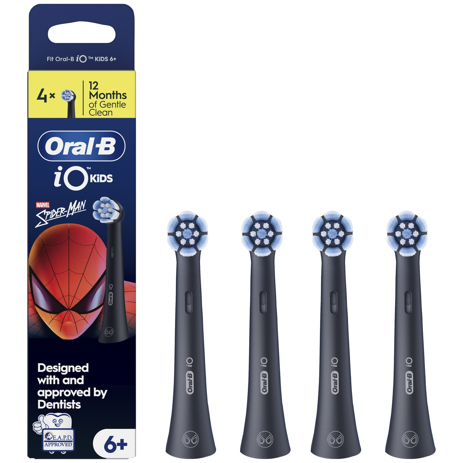 Four black Oral-B iO Kids Spider-Man toothbrush heads displayed alongside their blue and black packaging box.