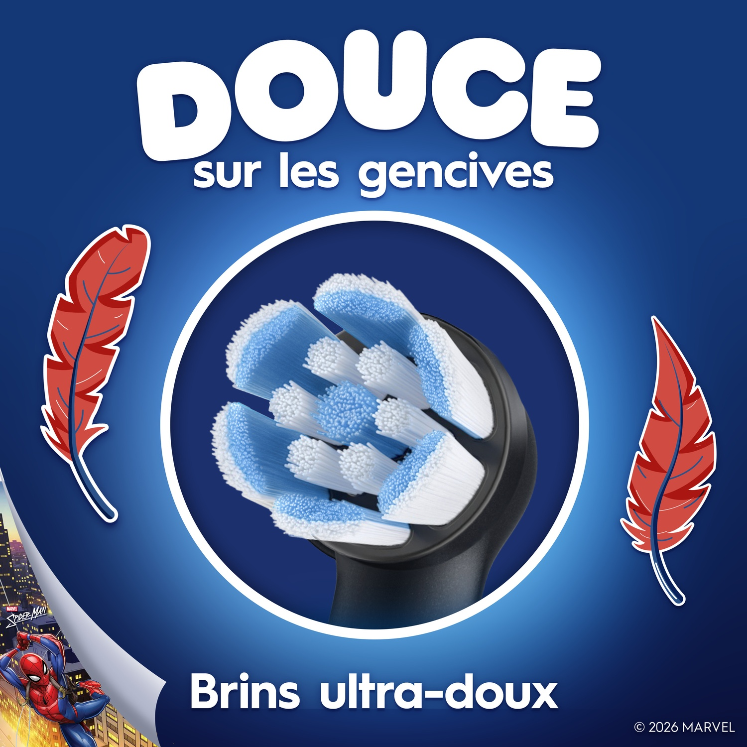 Brosse à dents bleue avec poils blancs et bleus, entourée de plumes rouges.