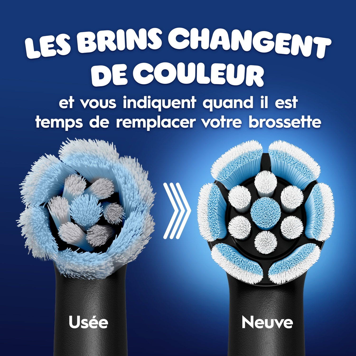 Comparaison d'une tête de brosse usée et neuve, avec des brics changeant de couleur pour indiquer le remplacement.