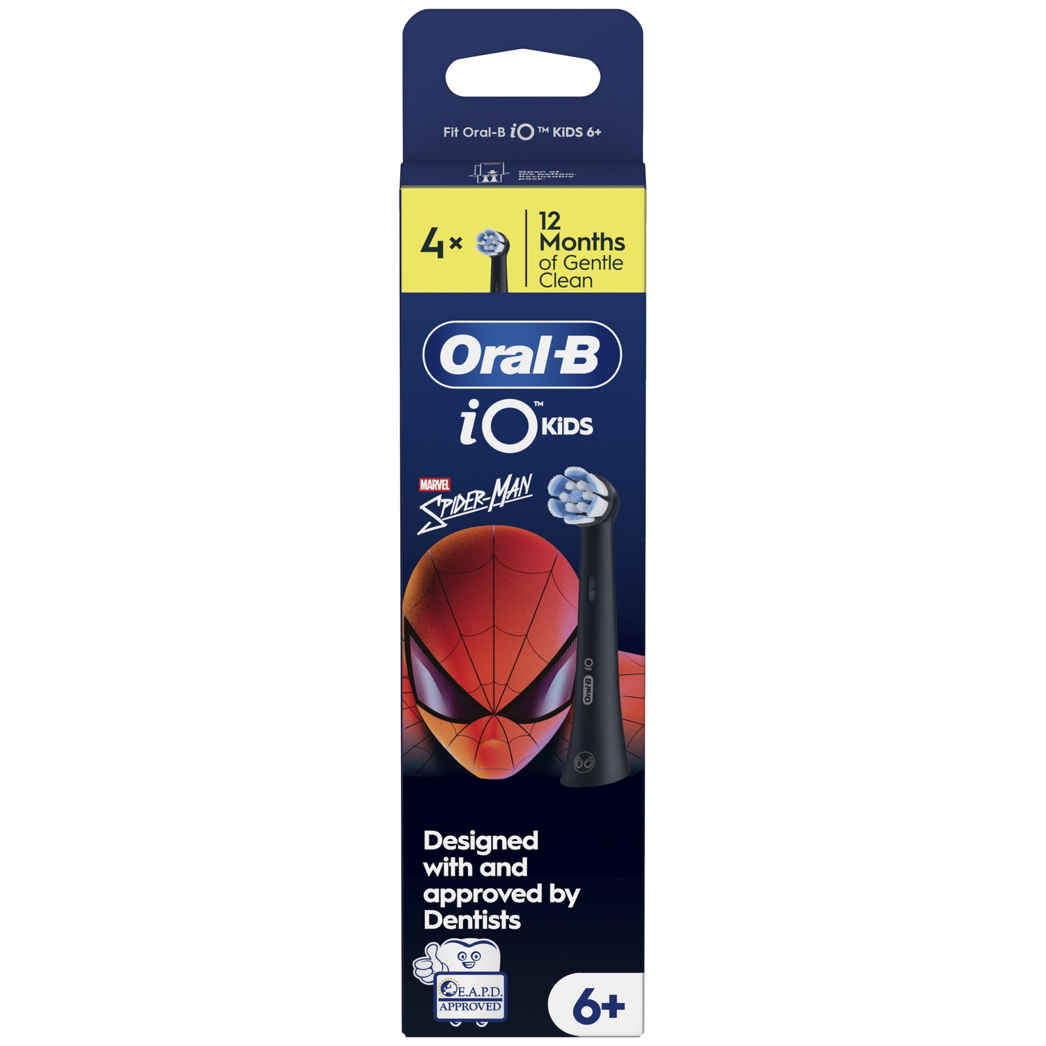 Oral-B iO Kids Spider-Man toothbrush refill pack for ages 6+ featuring 4 brush heads.