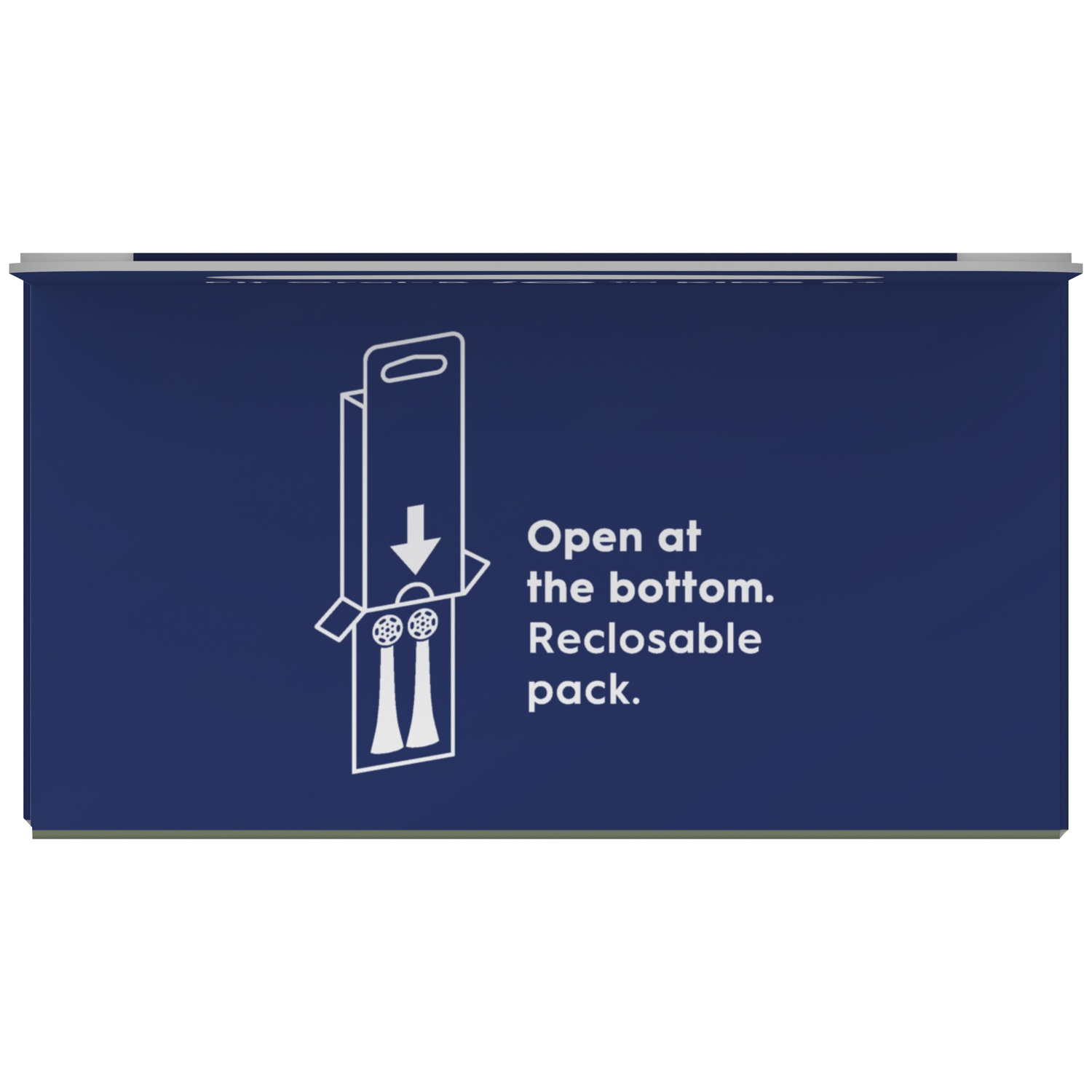 Blue box with a white graphic showing how to open it at the bottom, and text saying Open at the bottom.