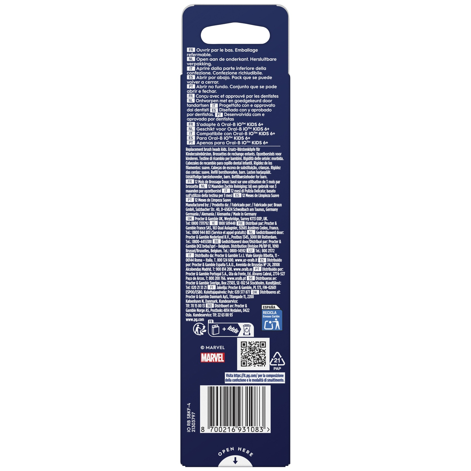 Back of a dark blue product packaging with text, Marvel logo and barcode.
