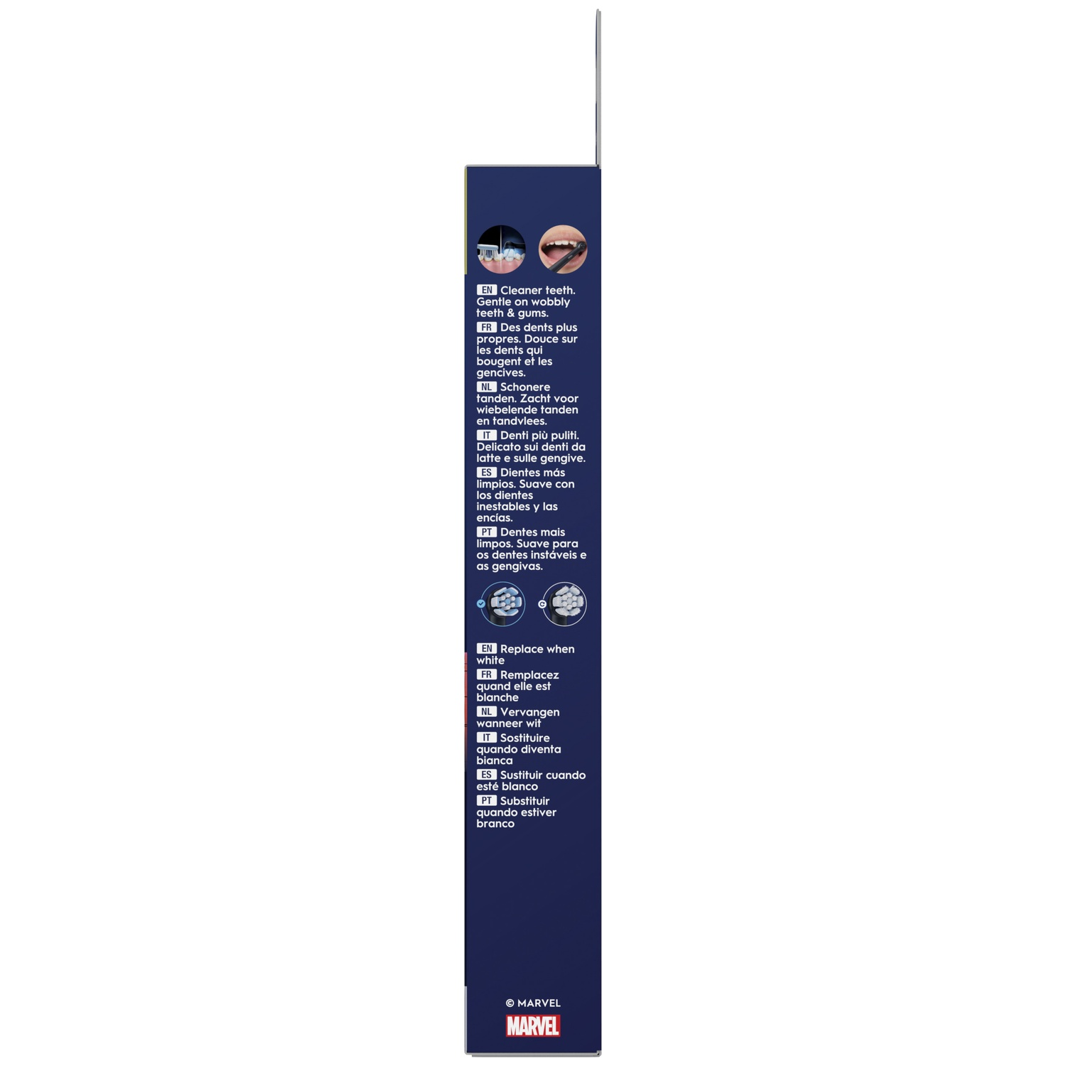 Side view of a blue product packaging with multilingual text and icons.