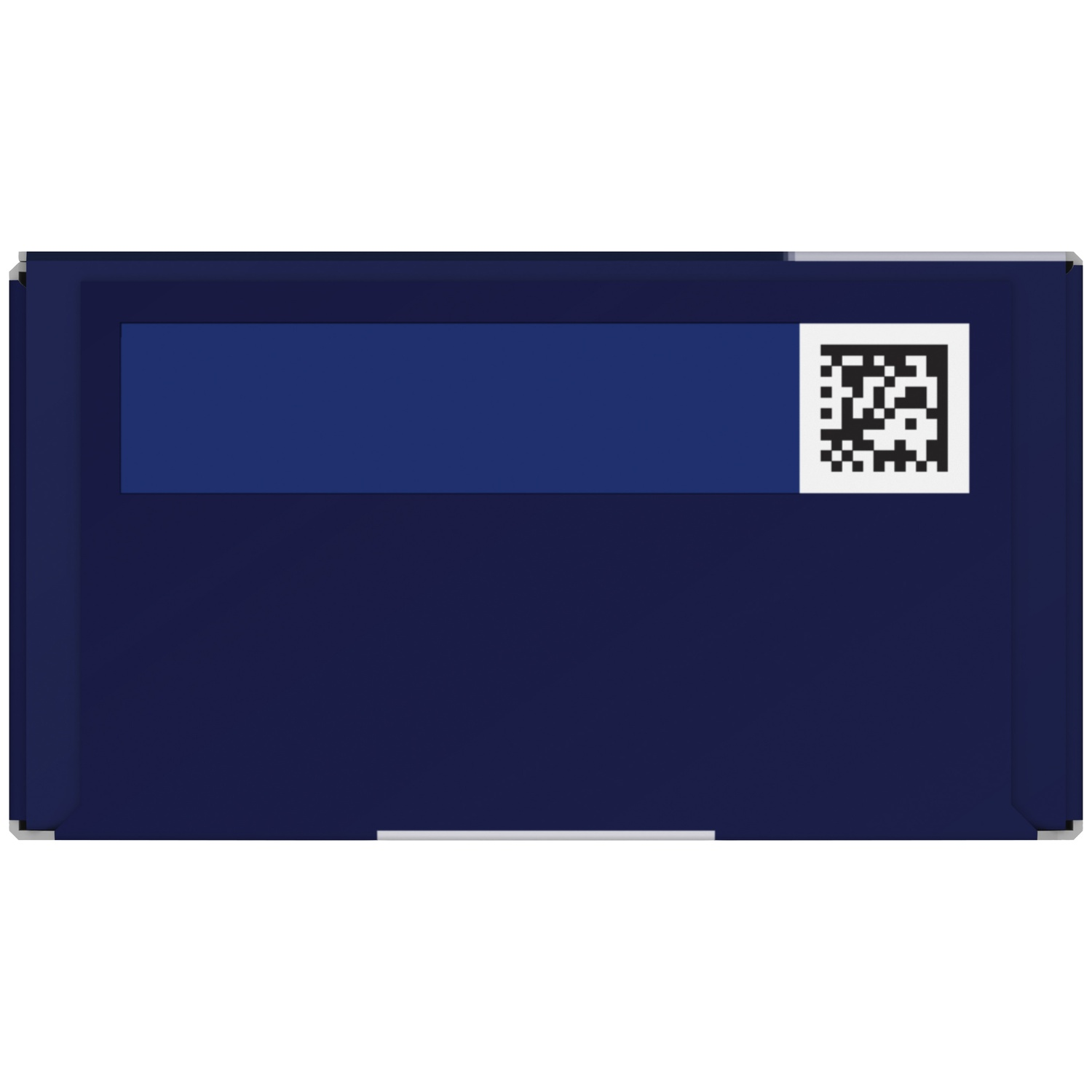 A dark blue box with a light blue bar on top and a data matrix code on the right side.