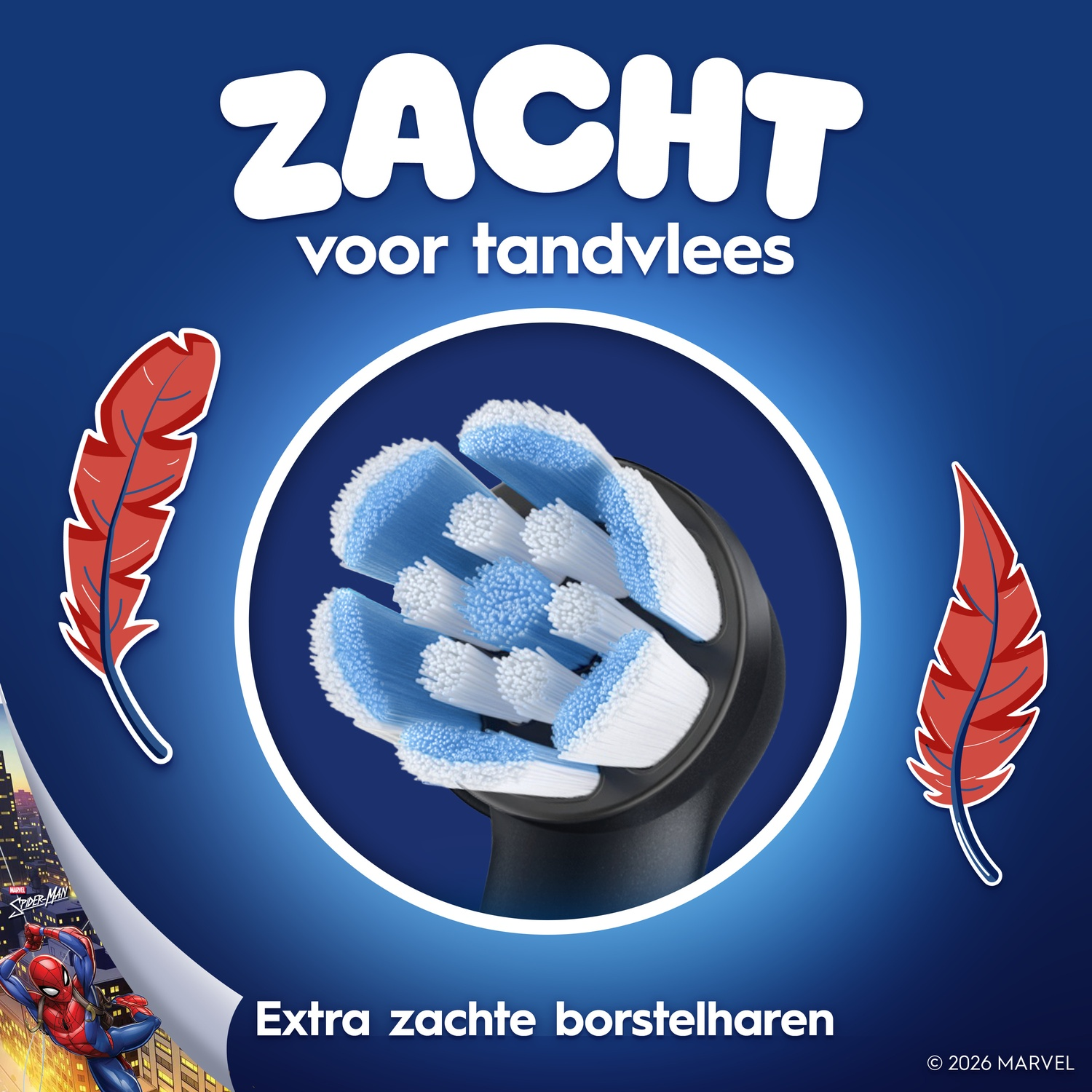 Blue toothbrush head with extra soft white and blue bristles, flanked by red feathers and text.