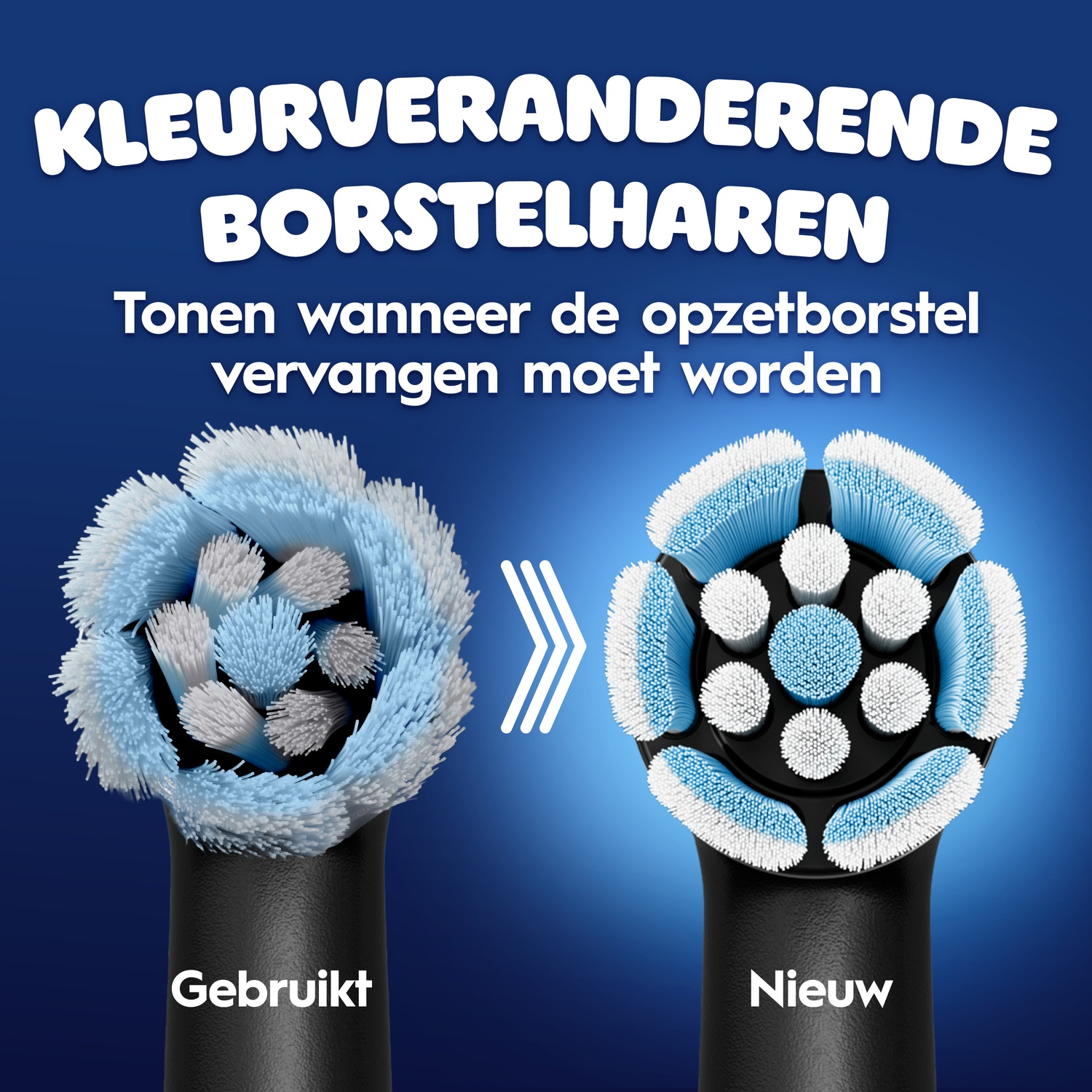Comparison of a used frayed blue toothbrush head and a new clean one on a blue background.