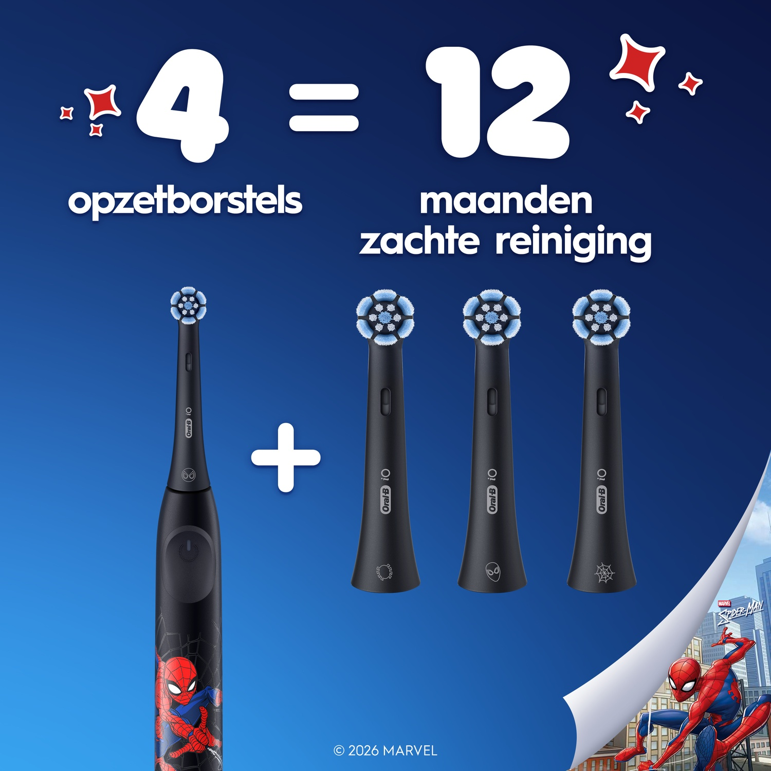 Spider-Man toothbrush and 3 brush heads for 12 months gentle cleaning.
