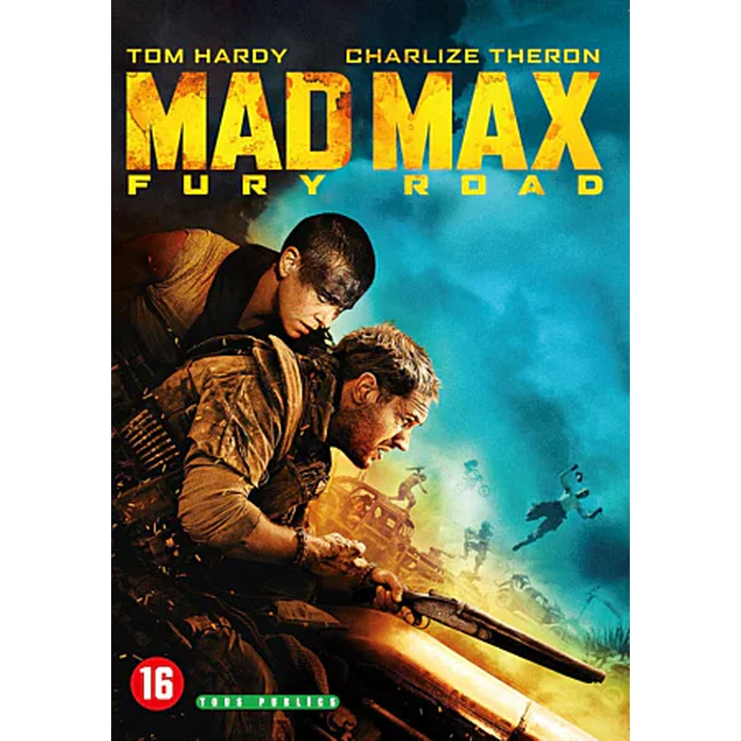 Mad Max Fury Road filmposter met Tom Hardy and Charlize Theron tegen een woestijnachtergrond.