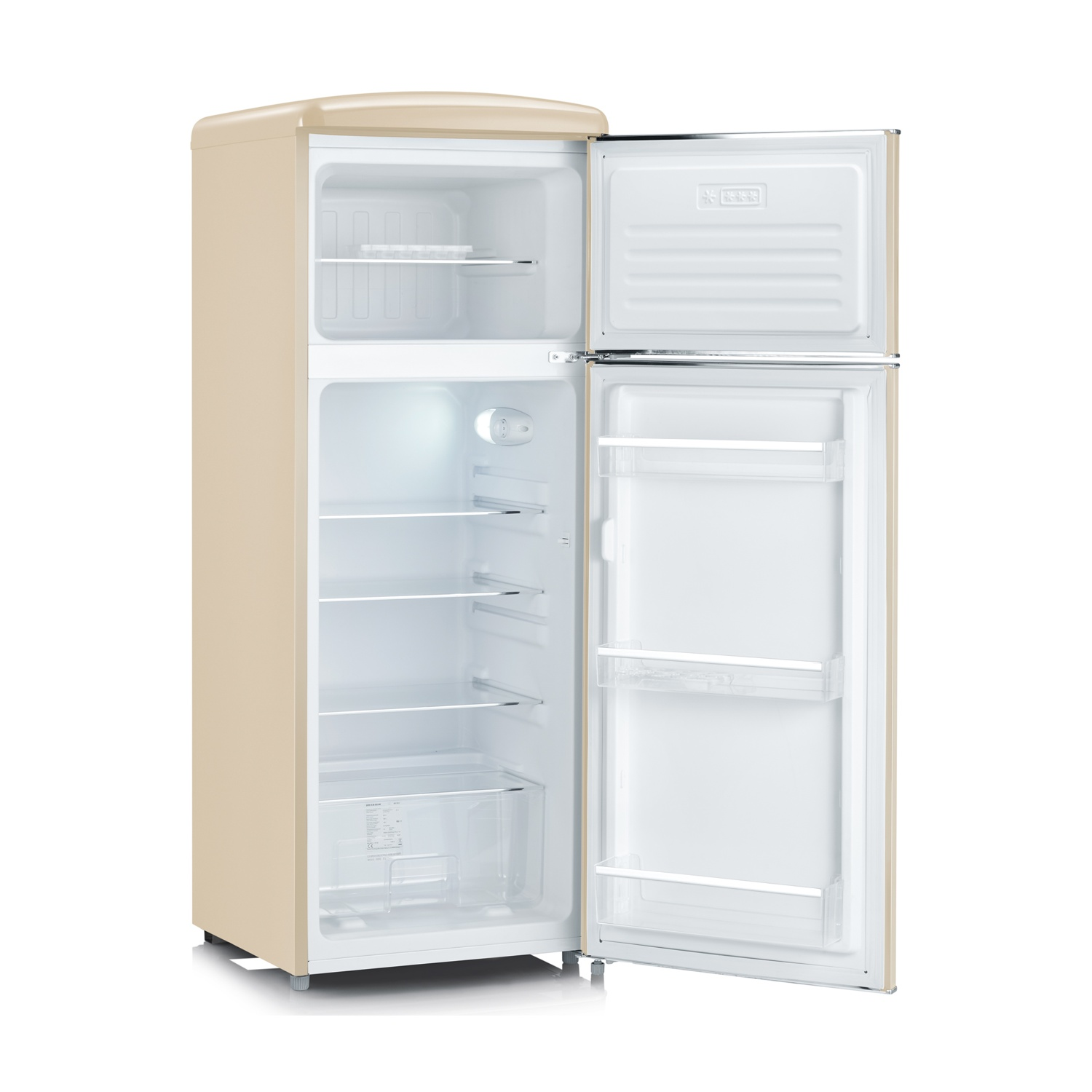 Un frigorifero stile retrò beige con porte aperte, che rivela ripiani bianchi vuoti.
