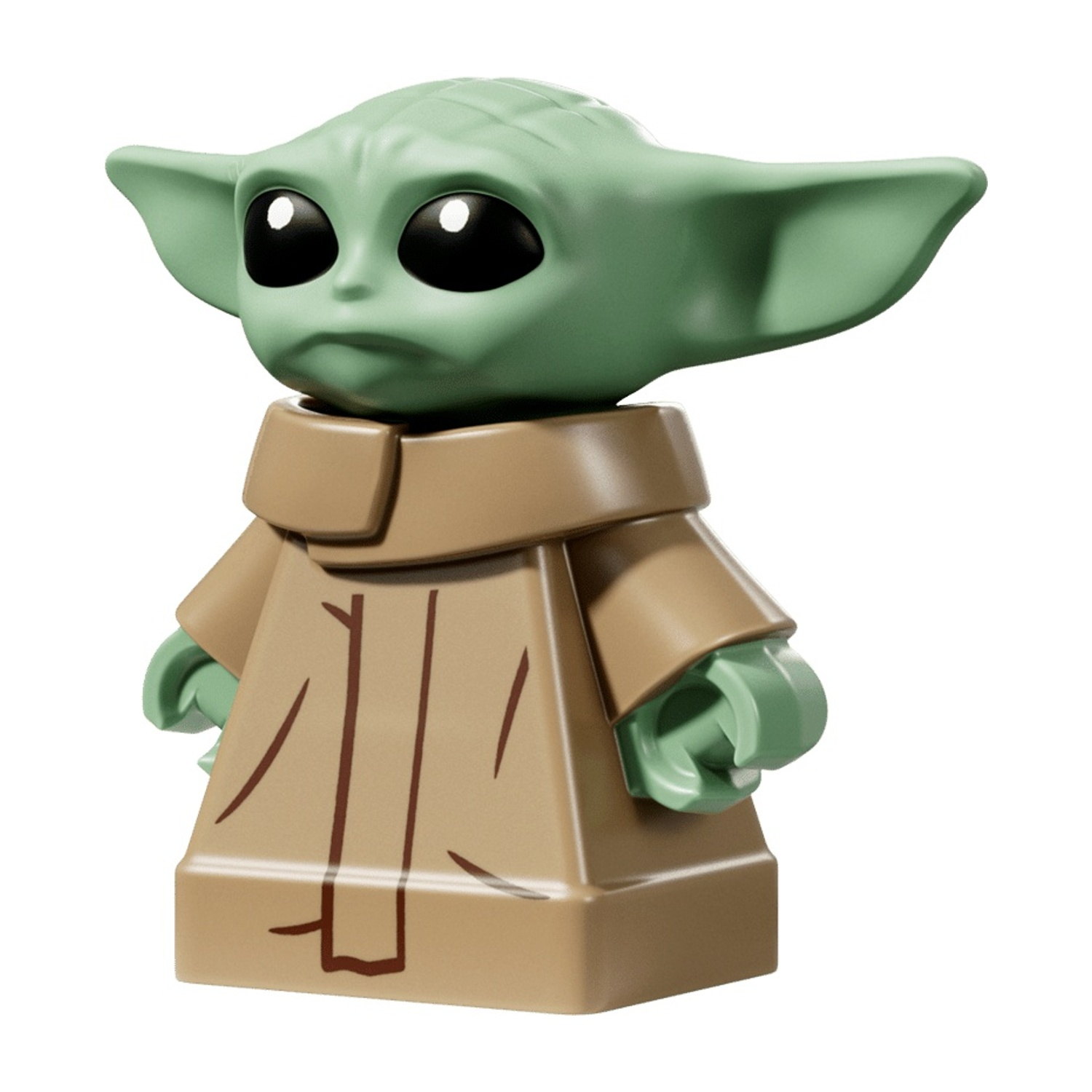 Statuetta Lego di Grogu, Il Bambino, con grandi occhi e un cappotto beige su sfondo bianco.