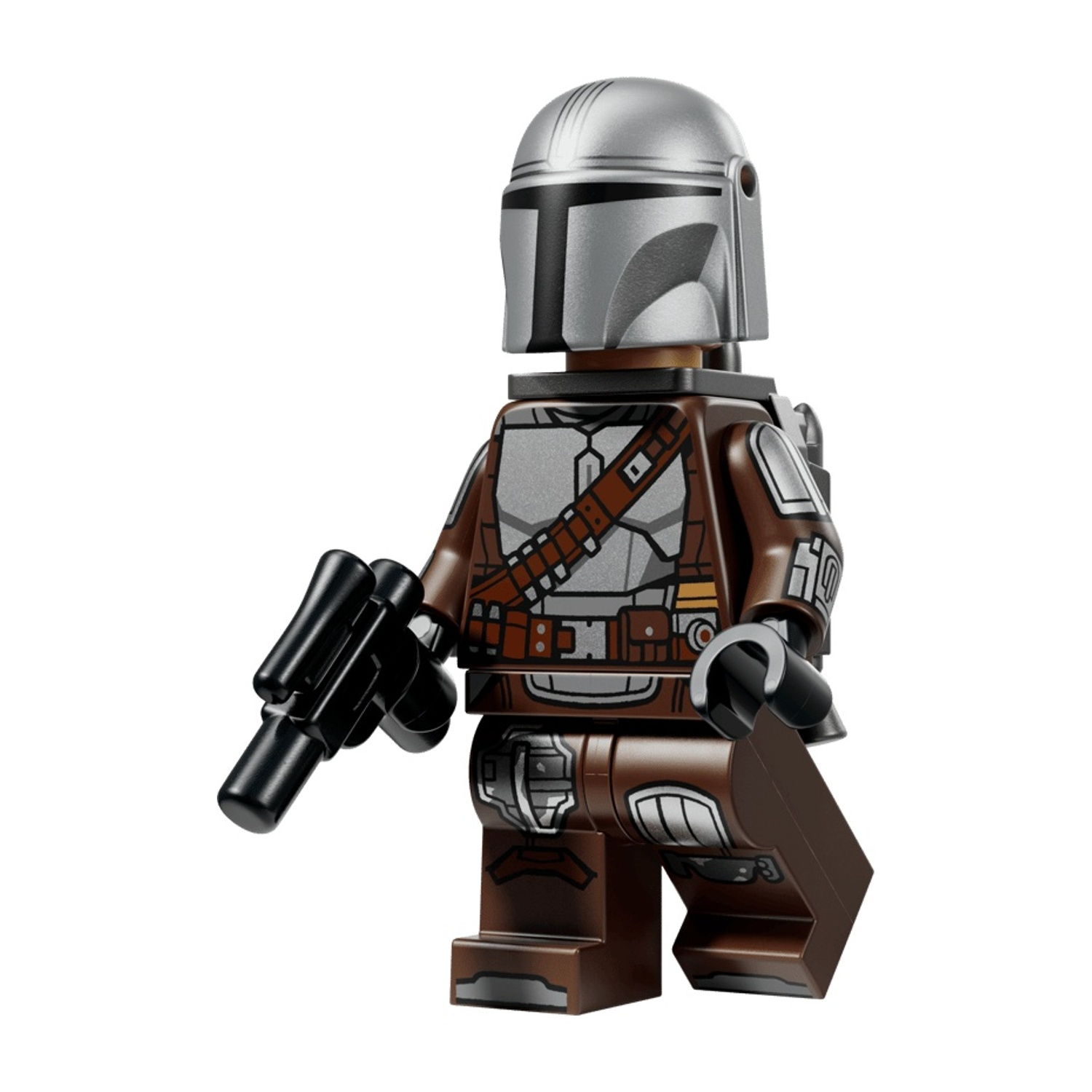 Minifigure Lego del Mandaloriano con elmetto argentato, armatura marrone e blaster.