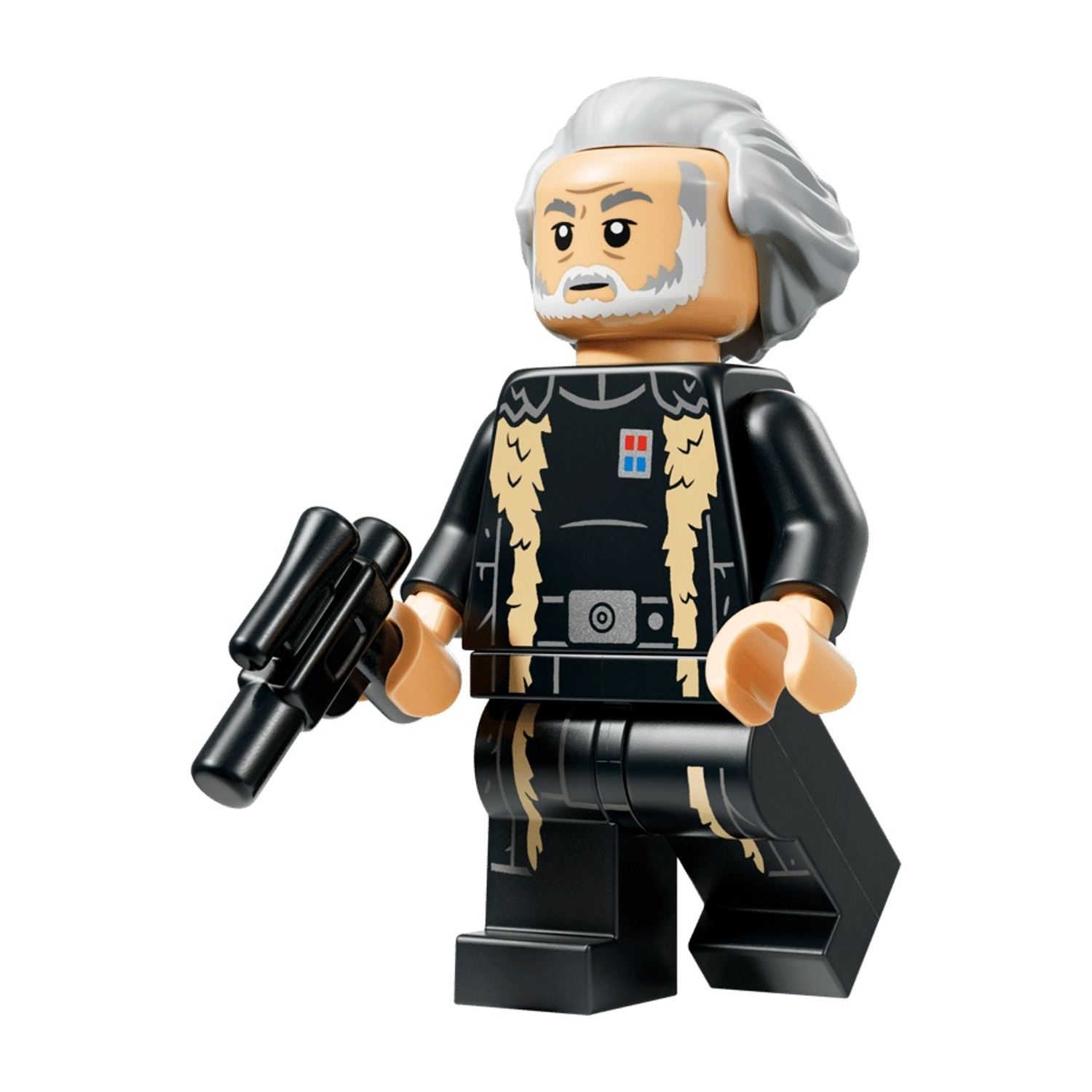Minifigure Lego con capelli bianchi, barba, abito nero con finiture in pelliccia e un blaster.