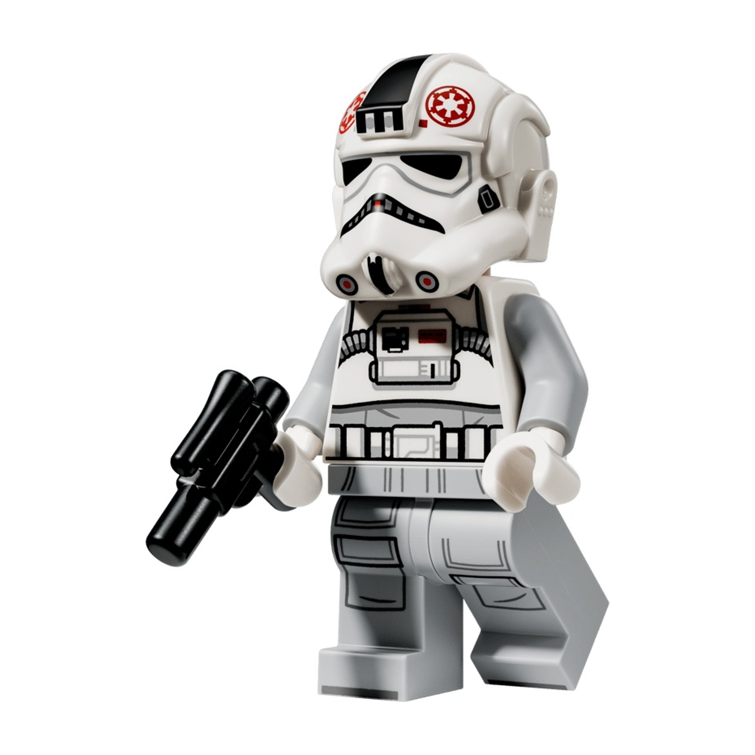 Minifigura Lego Star Wars del pilota AT-ST con blaster nero su sfondo bianco.