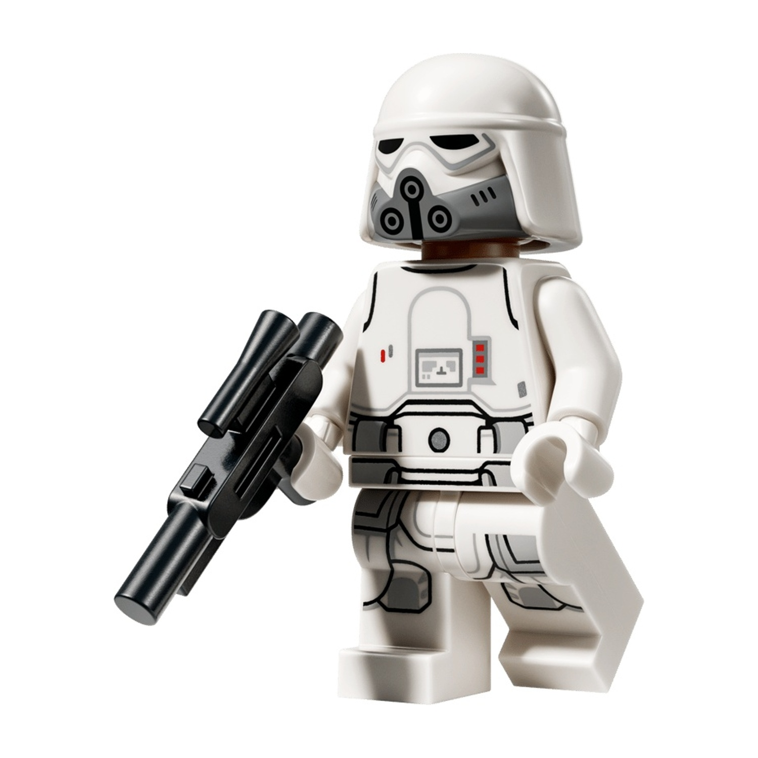 Minifigure Lego di uno Stormtrooper imperiale con armatura bianca e un blaster nero.