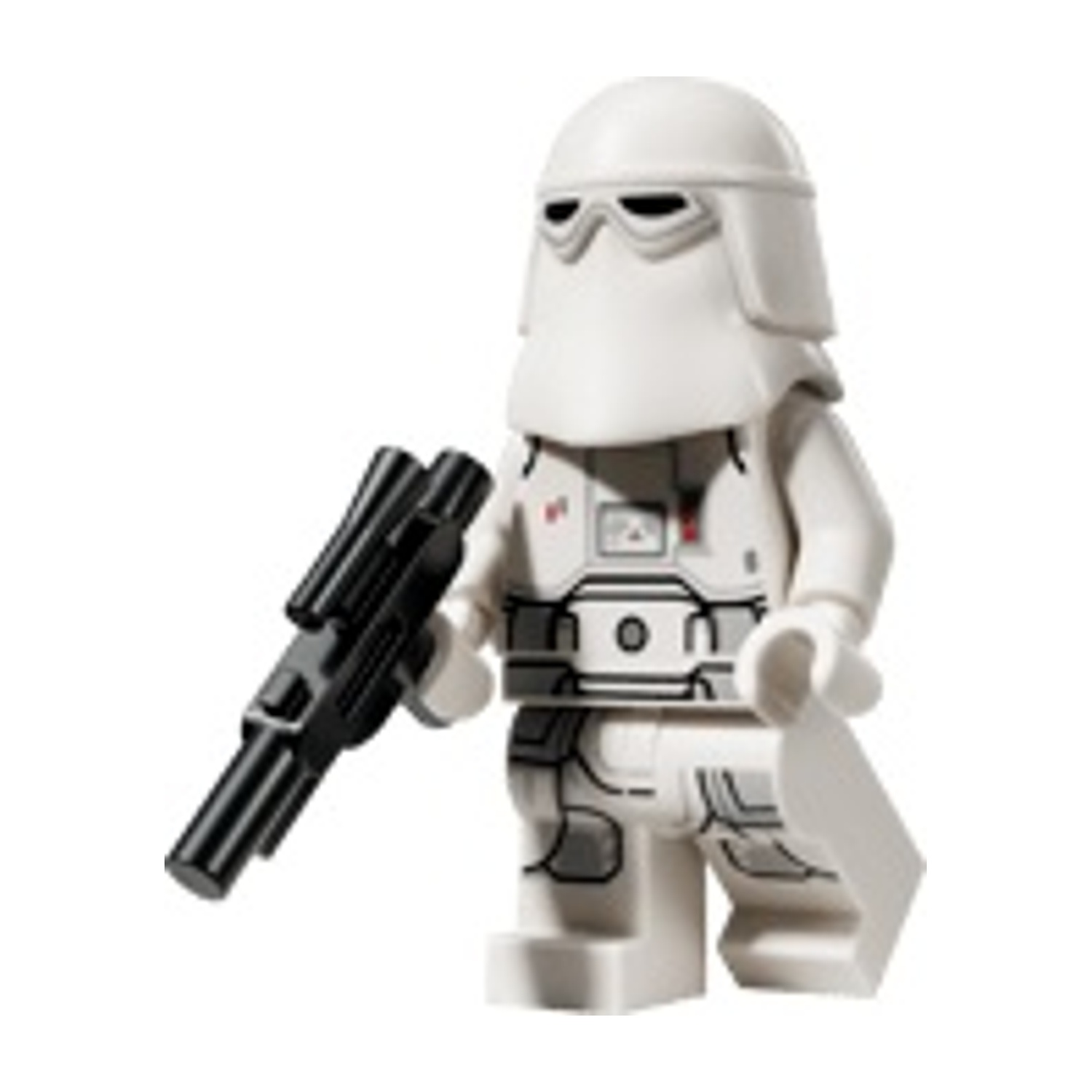 Una minifigure Lego Snowtrooper in armatura bianca tiene un blaster nero.
