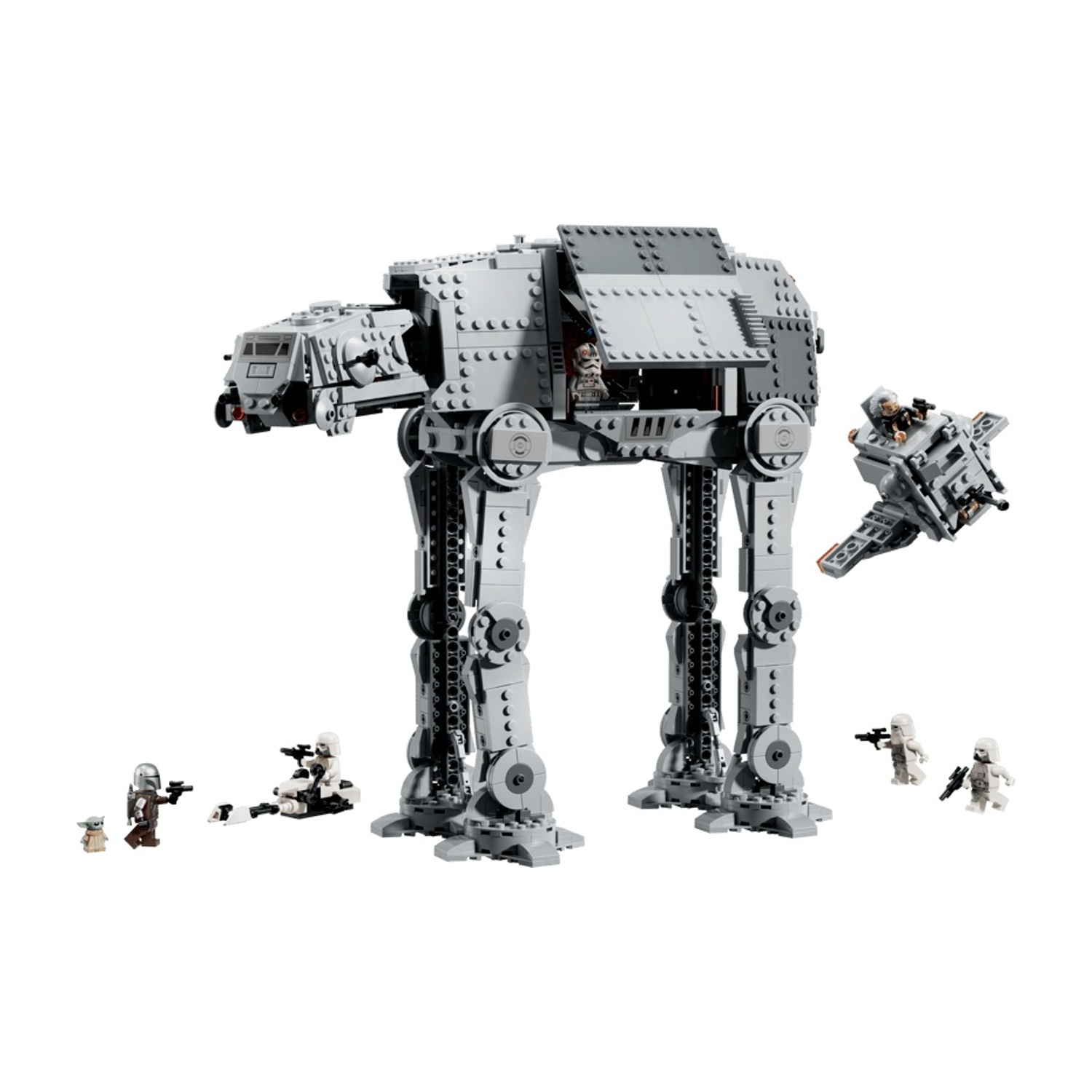 Un modello grigio di AT-ST Lego con minifigure e uno speeder su sfondo bianco.