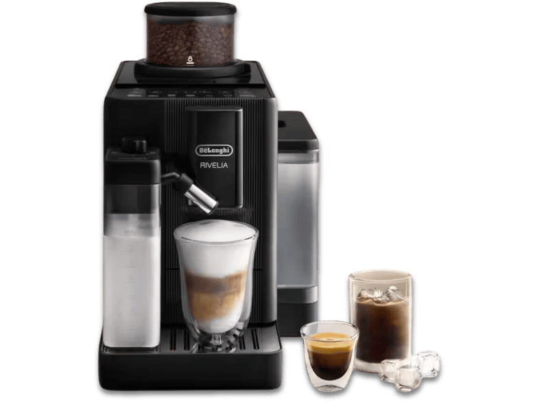 Cafetera superautomática - De' Longhi Rivelia EXAM420.55.BXL, 1450 W, 15 bar, Molinillo integrado, LatteCremaHot, Depósito leche, Táctil, Onyx Black