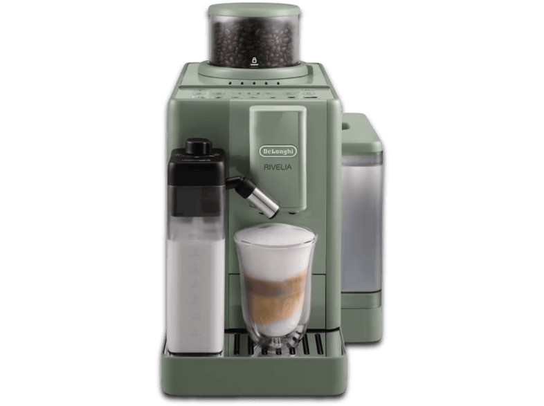 Cafetera superautomática - De' Longhi Rivelia EXAM420.55.GR, 1450 W, 15 bar, Molinillo integrado, LatteCremaHot, Depósito leche, Táctil, Verde
