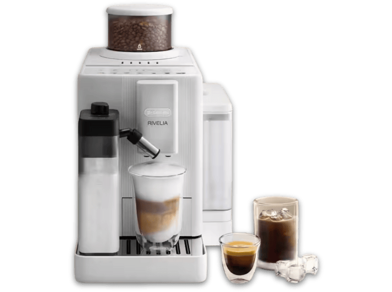 Cafetera superautomática - De' Longhi Rivelia EXAM420.55.WXL, 1450 W, 15 bar, Molinillo integrado, LatteCremaHot, Depósito leche, Táctil, Arctic White