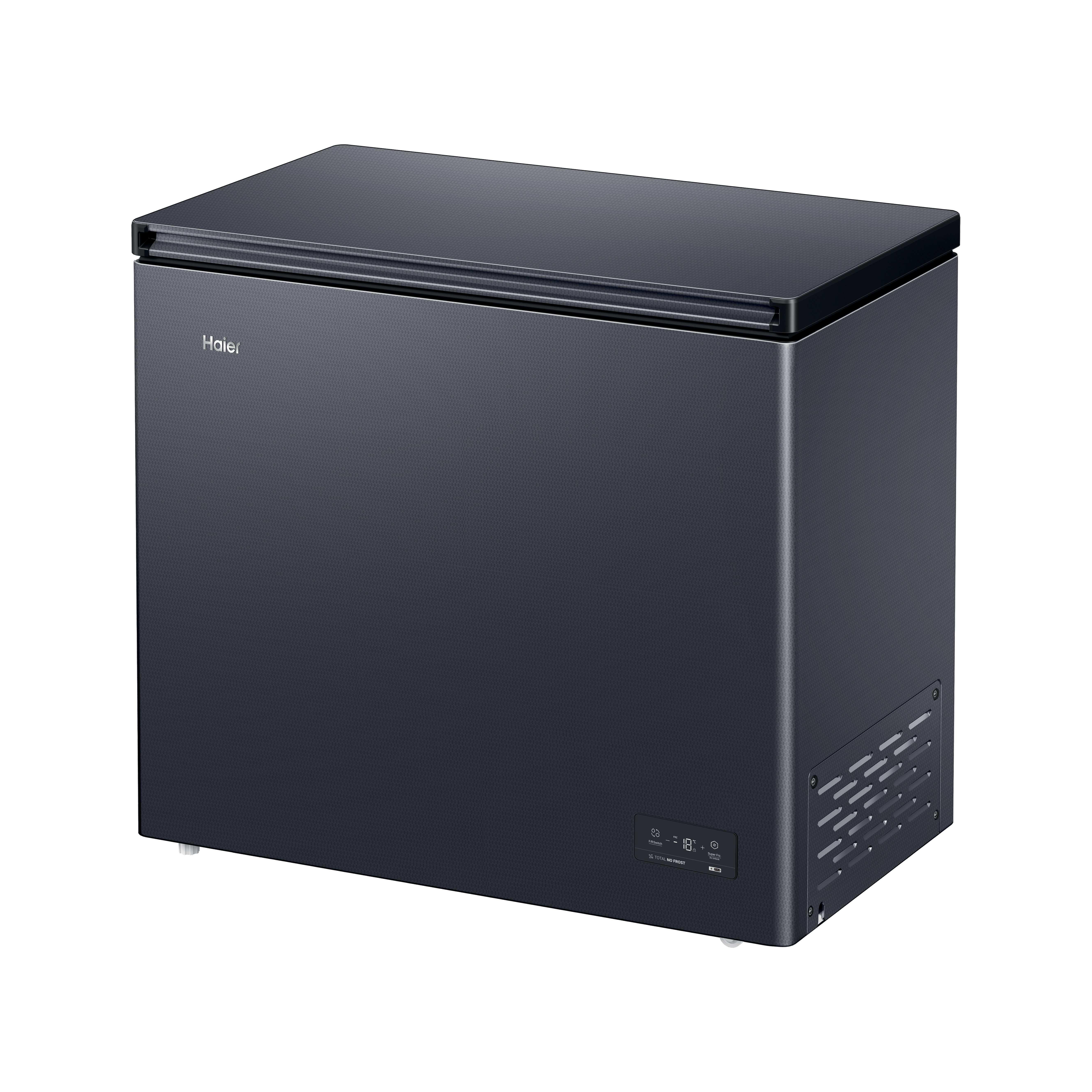 Dunkelgraue Haier-Gefriertruhe mit digitaler Anzeige und Lüftungsschlitzen.