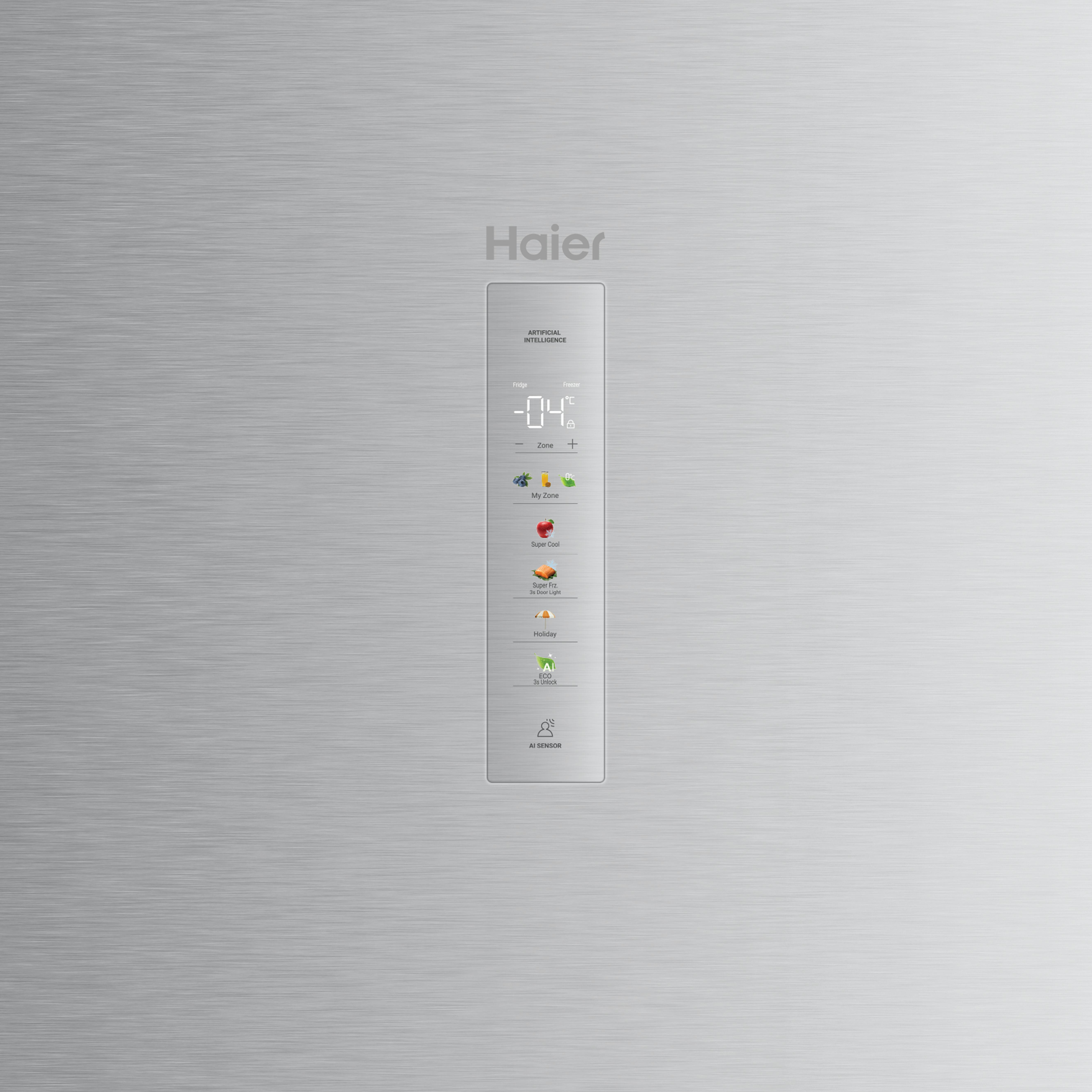 Edelstahl-Haier-Kühlschrank mit zentralem vertikalem Digital-Bedienfeld und dem Haier-Logo.