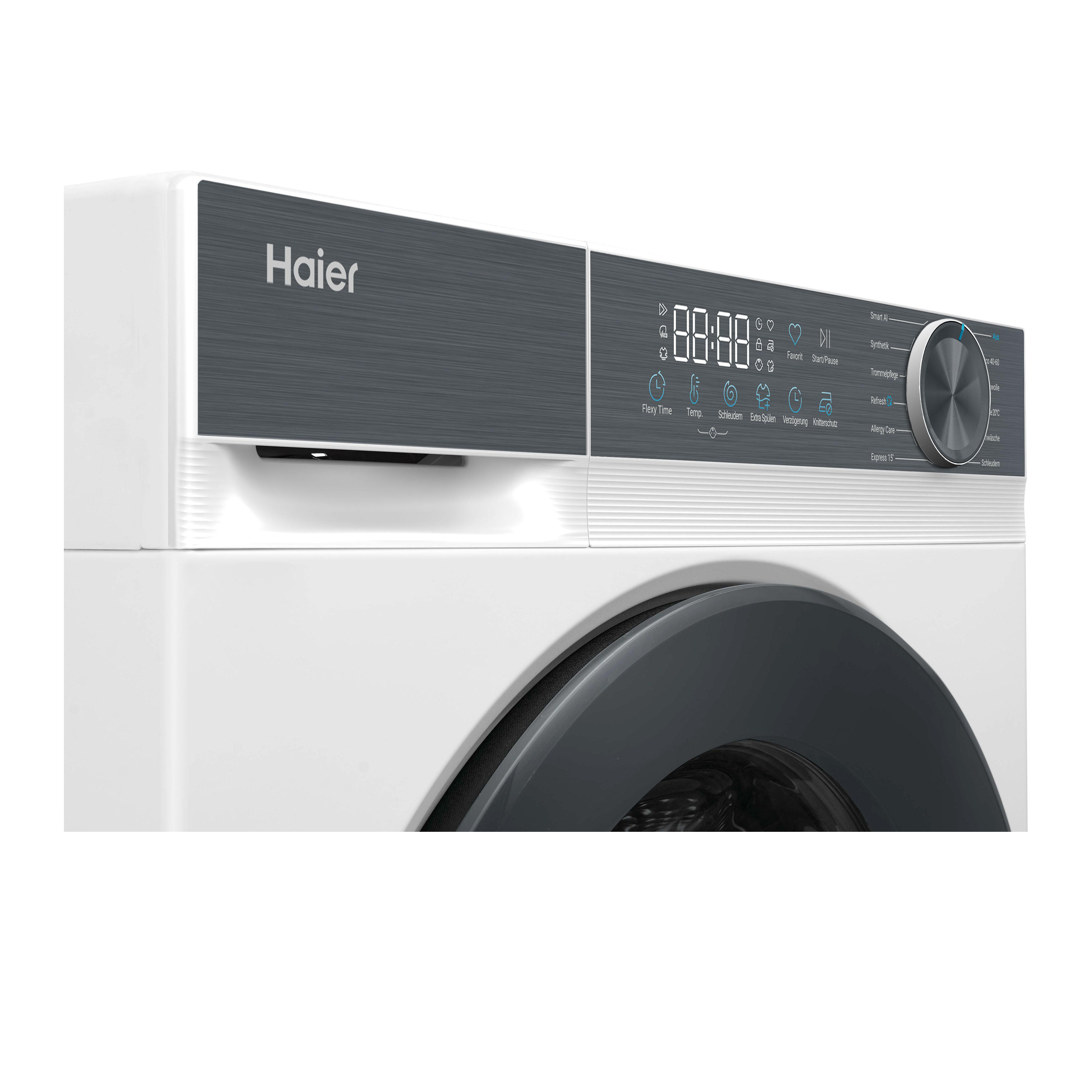 Bedienfeld einer weißen Haier-Waschmaschine mit digitalem Display und Drehknopf.