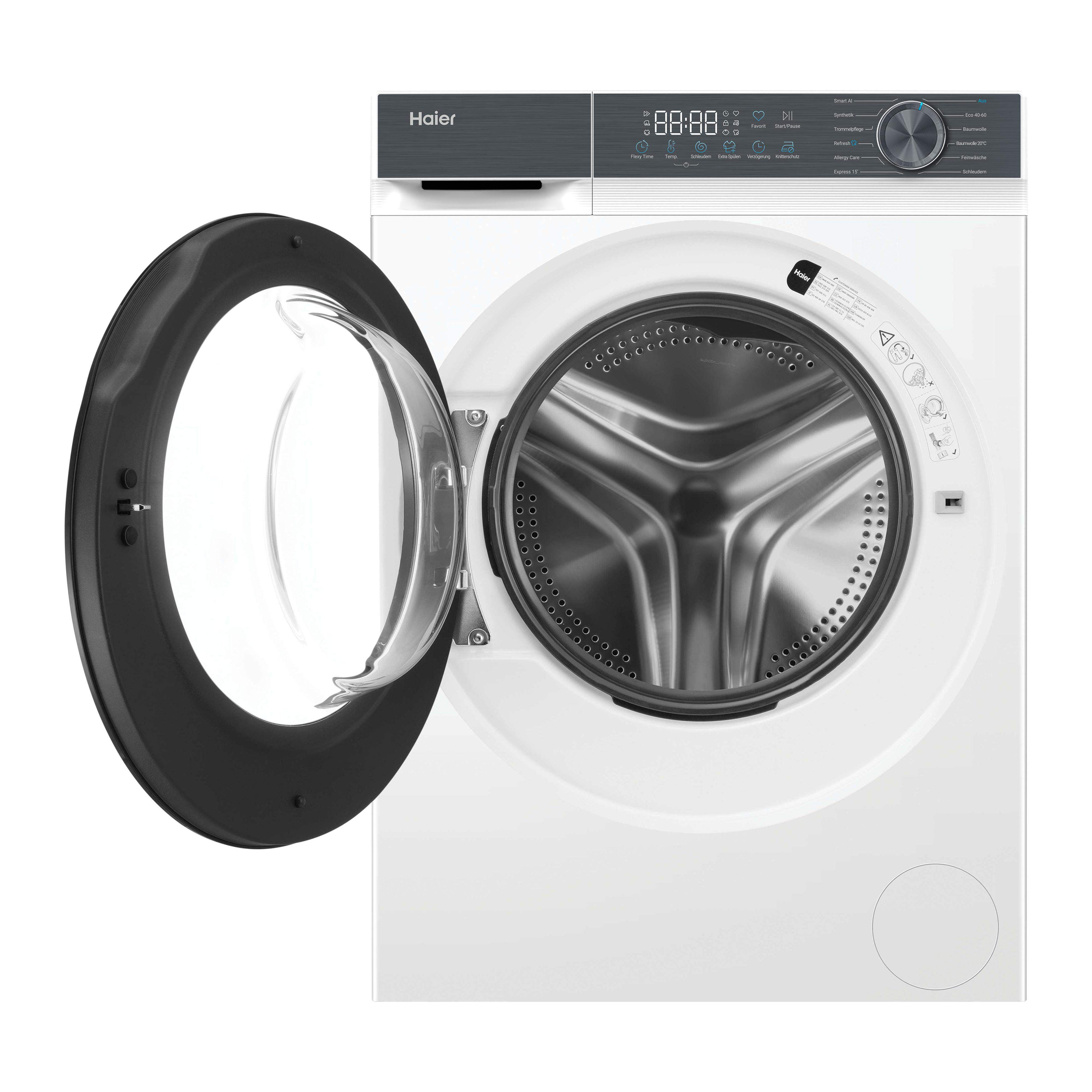 Weiße Haier Waschmaschine mit geöffneter schwarzer Glastür und digitaler Anzeige auf weißem Hintergrund.